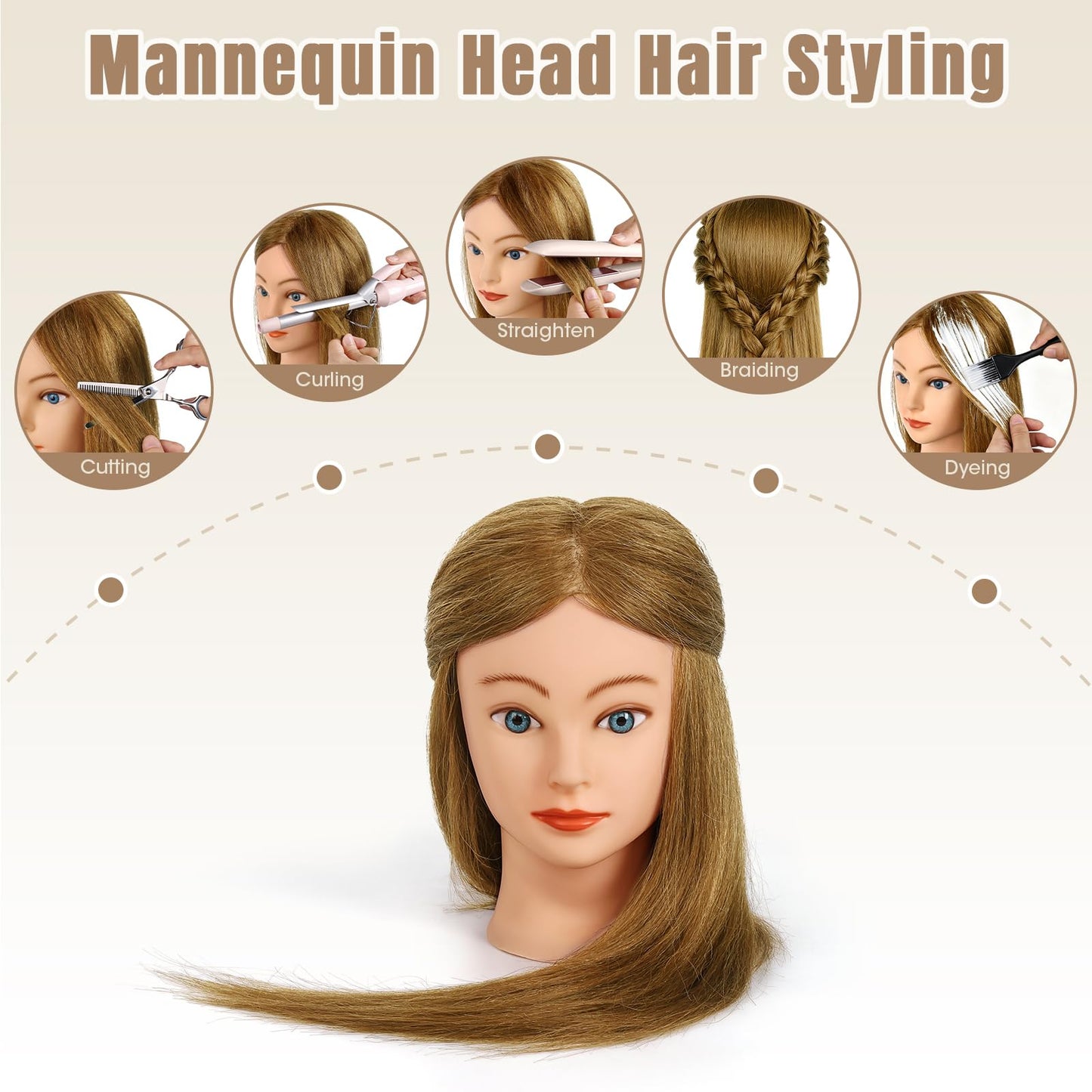 Mannequin Head with 100% Human Hair,22''Real Hair Cosmetology Mannequin Manikin Head Hair Styling Hairdressing Practice Training Doll Head Hairs with Clamp Holder and Tools(Light Brown Blue Eyes)