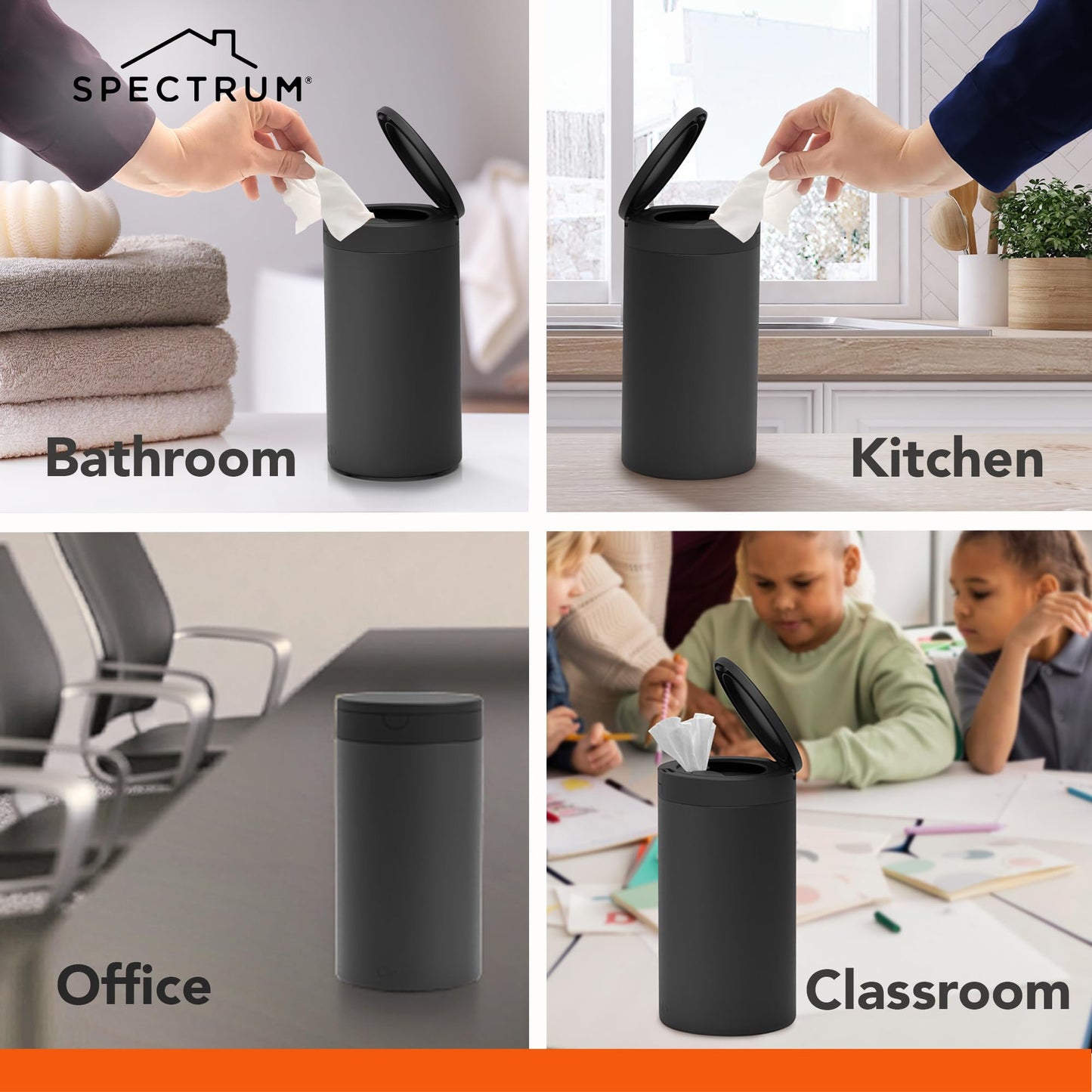 Spectrum Disinfecting Wipes Container Refillable Stainless Steel Wipe Holder for Bathroom Kitchen School Classroom, Reusable Push Button Wet Wipe Dispenser for Disinfect Cleaning Countertop, Black