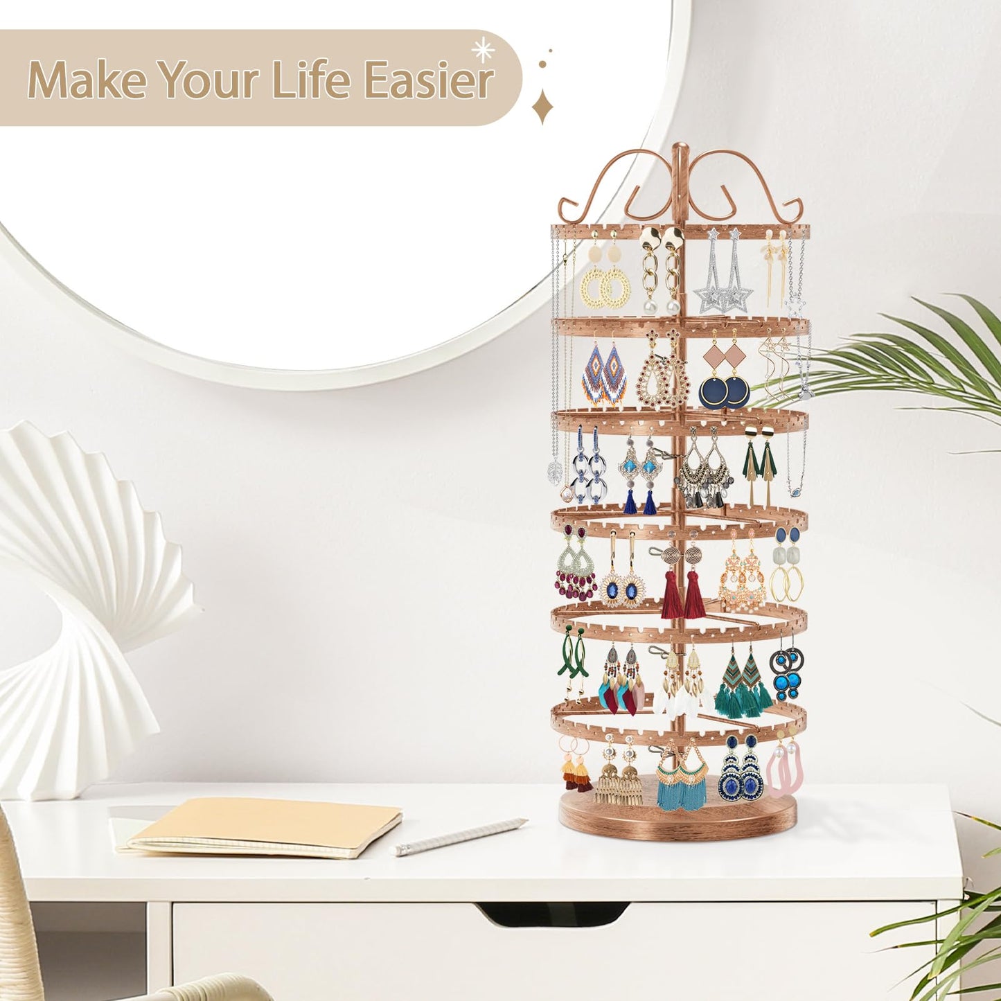 LASZOLA 6 Tier Bronze Earring Holder Organizer Tree Women Display Storage for Stud and Hoop, Large Cool Rotating Clip Stand for Pierced and Dangle Earring, Vertical Metal Tower Carousel with 480 Holes