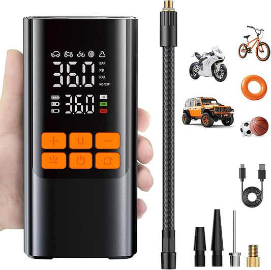 Tire Inflator Portable Air Compressor, Electric Air Pump with Digital Tire Pressure Gauge, Dual Digital LCD, Triple Cooling System, Cordless Tire Inflator for Bike, Tire and Car