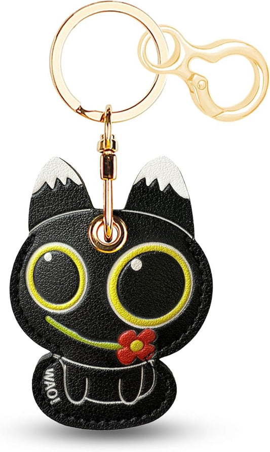 Leather Keychain for Airtag, Cute Protective Keychain Holder Compatible with Apple Air Tag,GPS Item Tracker Case Cover for Keys,Bags,Pets,Luggage(Cat)