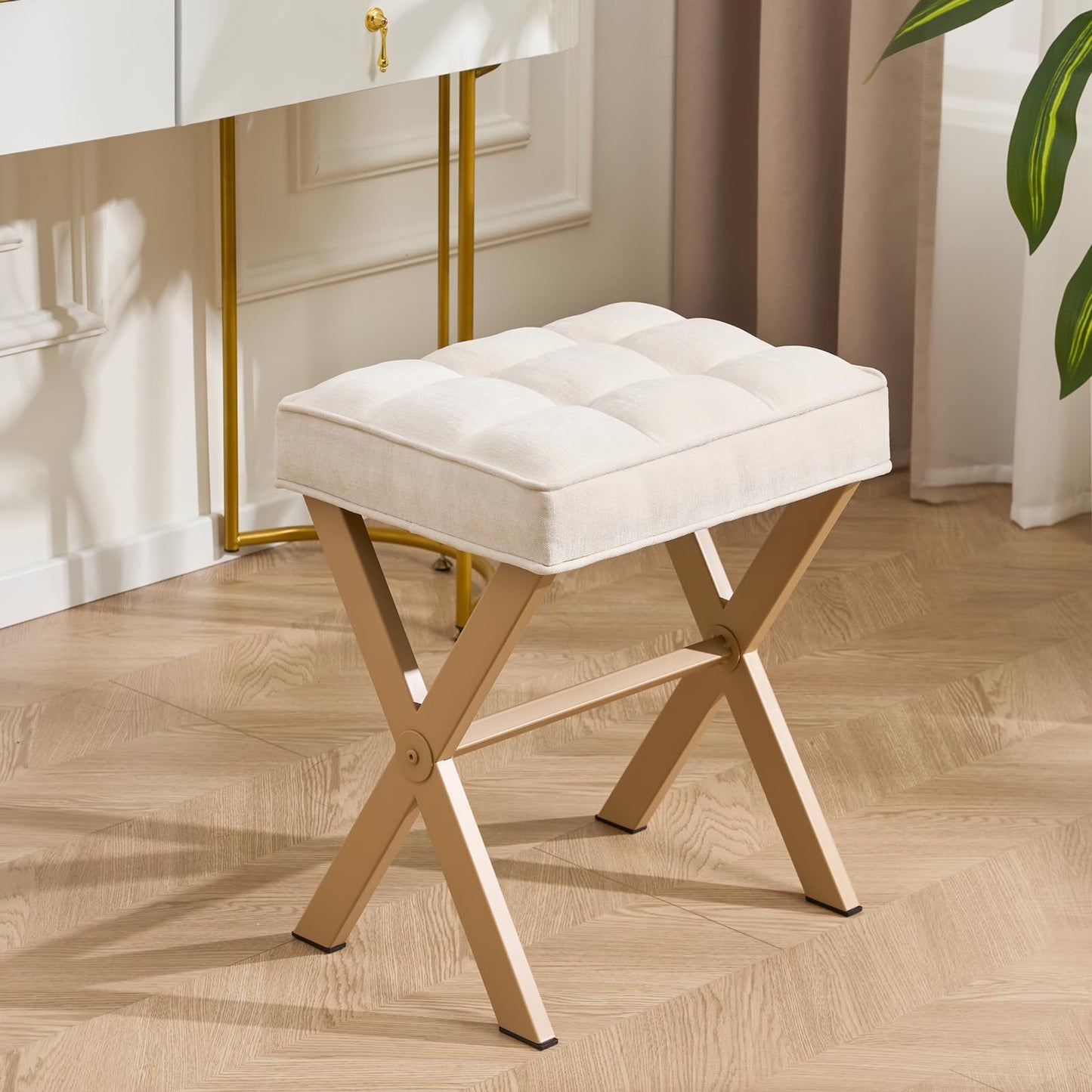 OUSADOU Upholstered Vanity Chair with Metal X-Legs & Soft Linen Fabric - Modern Square Foot Stool Ottoman,Versatile Seat and Footrest for Makeup, Living Room, Bedroom & Entryway(X-Yellow-White)