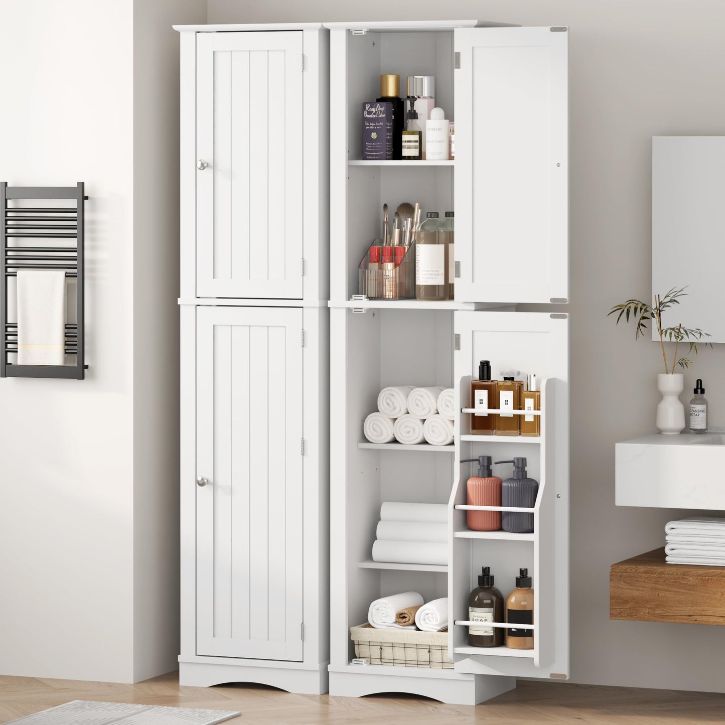 Function Home Tall Bathroom Storage Cabinet, 64" Slim Kitchen Pantry with Door Storage, Narrow Wood Freestanding Cabinets with Adjustable Shelves for Kitchen Living Room Dining Room, White