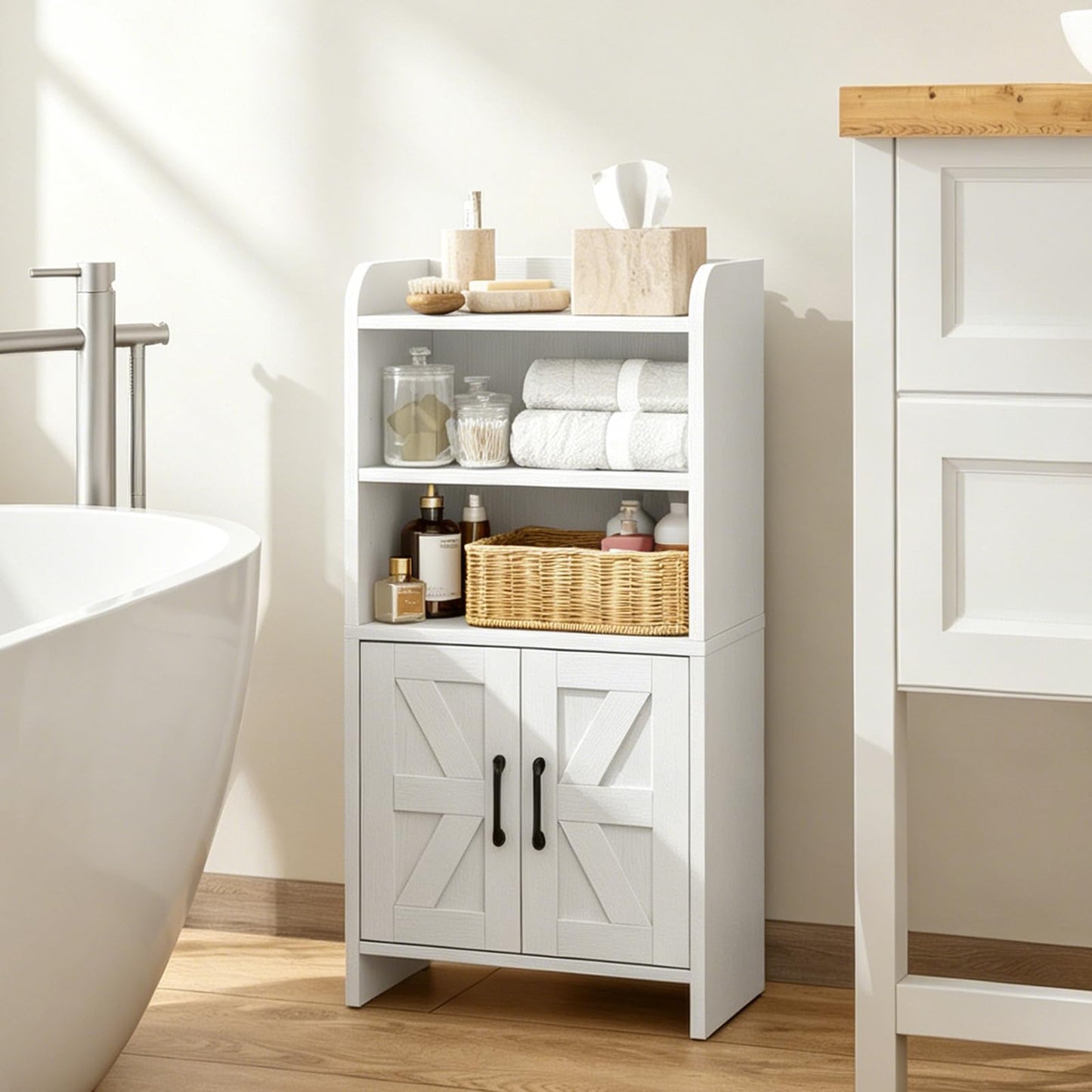 AURINEST Small Bathroom Storage Cabinet, Farmhouse Freestanding Toilet Paper Storage with 2 Doors and Shelves, Slim Bathroom Storage Cabinet for Small Spaces, White, 7.9" D x 14.2" W x 29.5" H