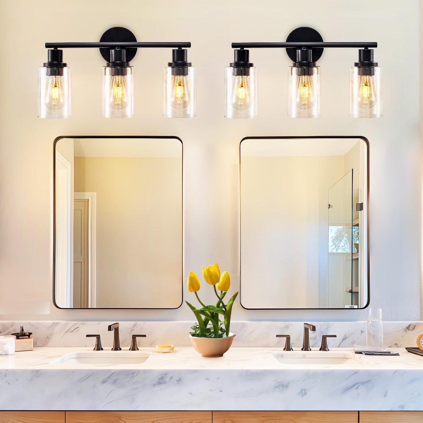 DLLT 3-Light Bathroom Light Fixtures: 18.51" Black Modern Vanity Lights with Clear Glass Shade - Bathroom Wall Lamp for Mirror Kitchen Living Room Hallway Cabinet Porch