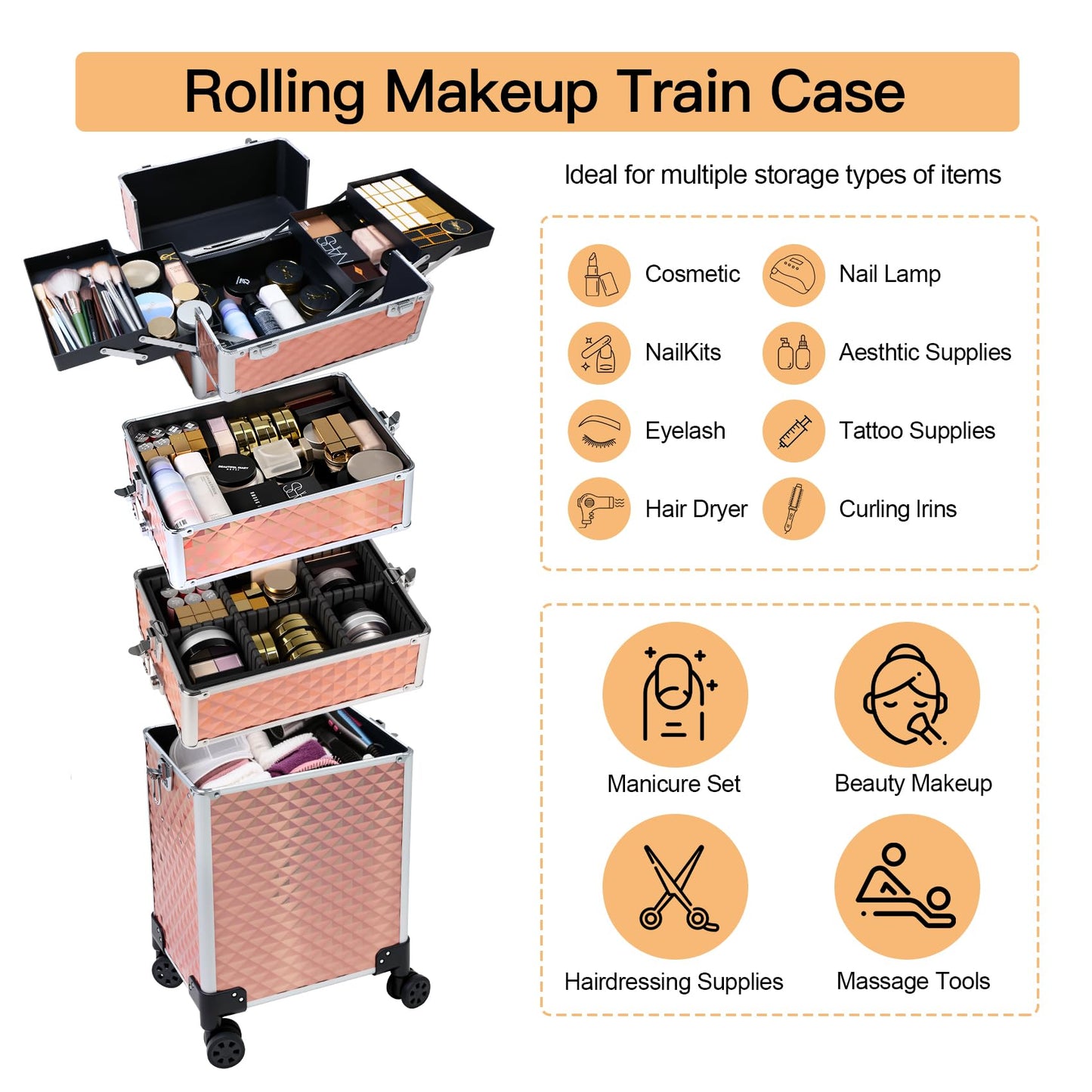 Professional Rolling Makeup Case, Cosmetology Case on Wheels 4 in 1 Large Cosmetic Train Case, Ideal Gift for Hairstylist, Nail Techs, Portable Beauty Organizer for Travel or Salon Use