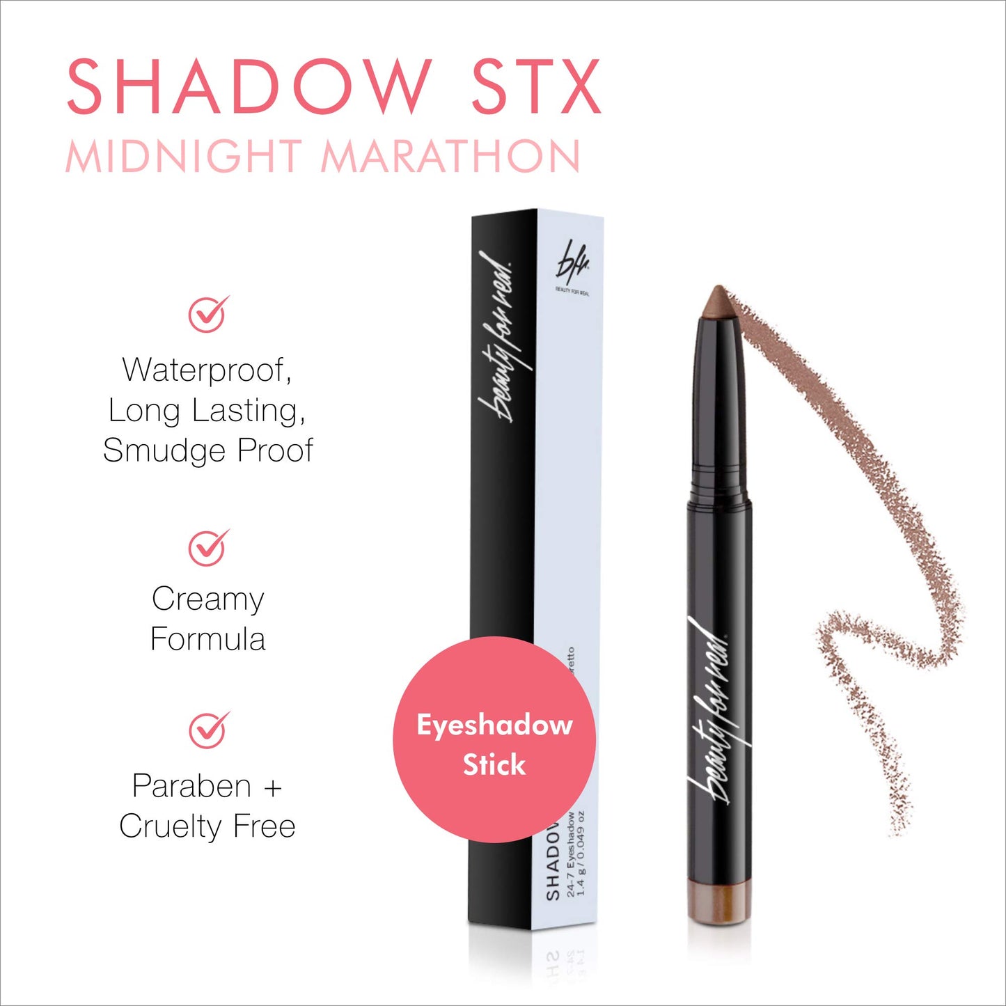 Beauty For Real Shadow Stx, Midnight Marathon - Universal Topaz Caramel Shimmer - Waterproof, Cream-to-Powder Eyeshadow Stick - Built-in Sharpener - 0.05 oz