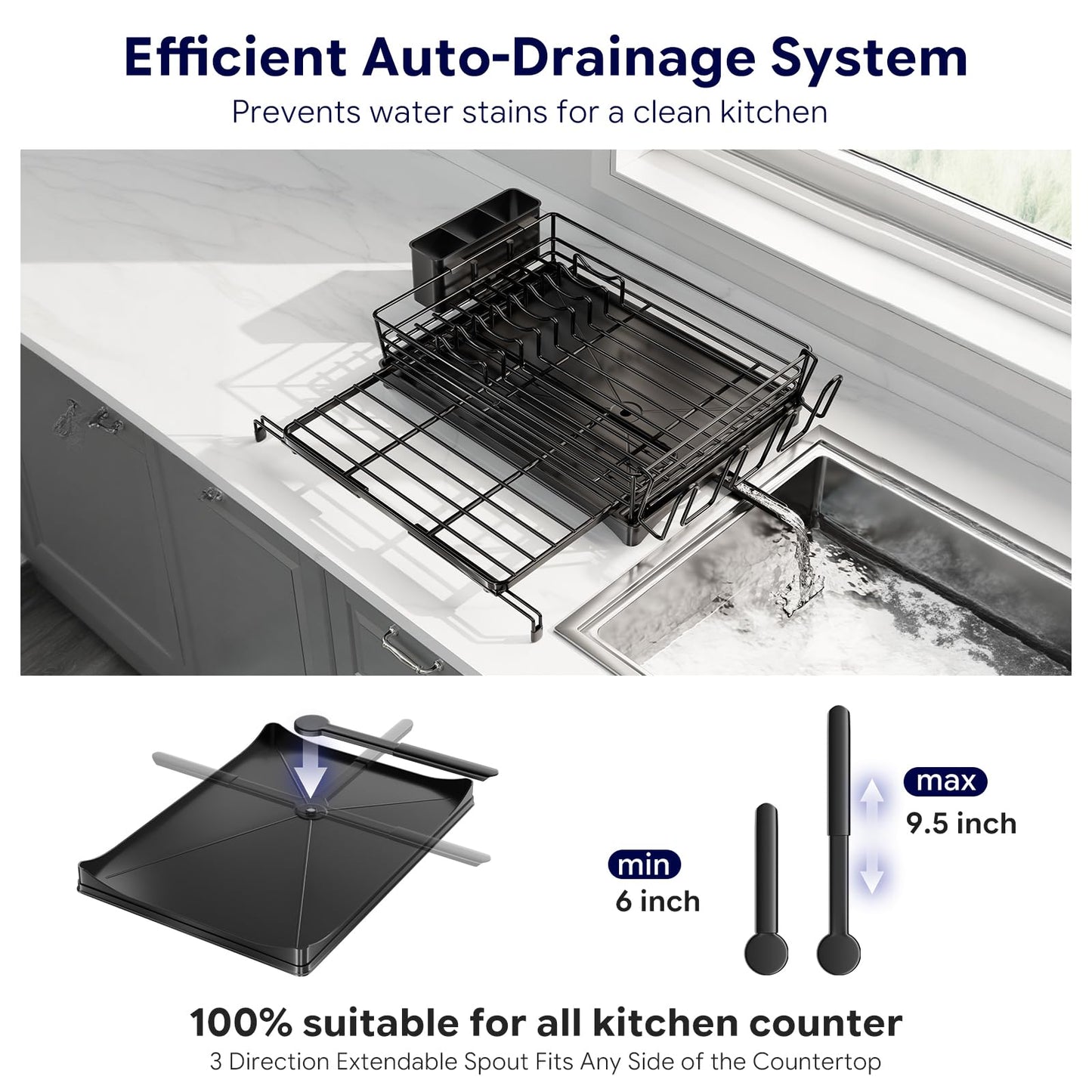 Simple Trending Dish Rack - Expandable Dish Drying Rack for Kitchen Counter, Large Capacity Dish Drainers, Stainless Steel Dish Strainer with Utensil & Cup Holders, Black