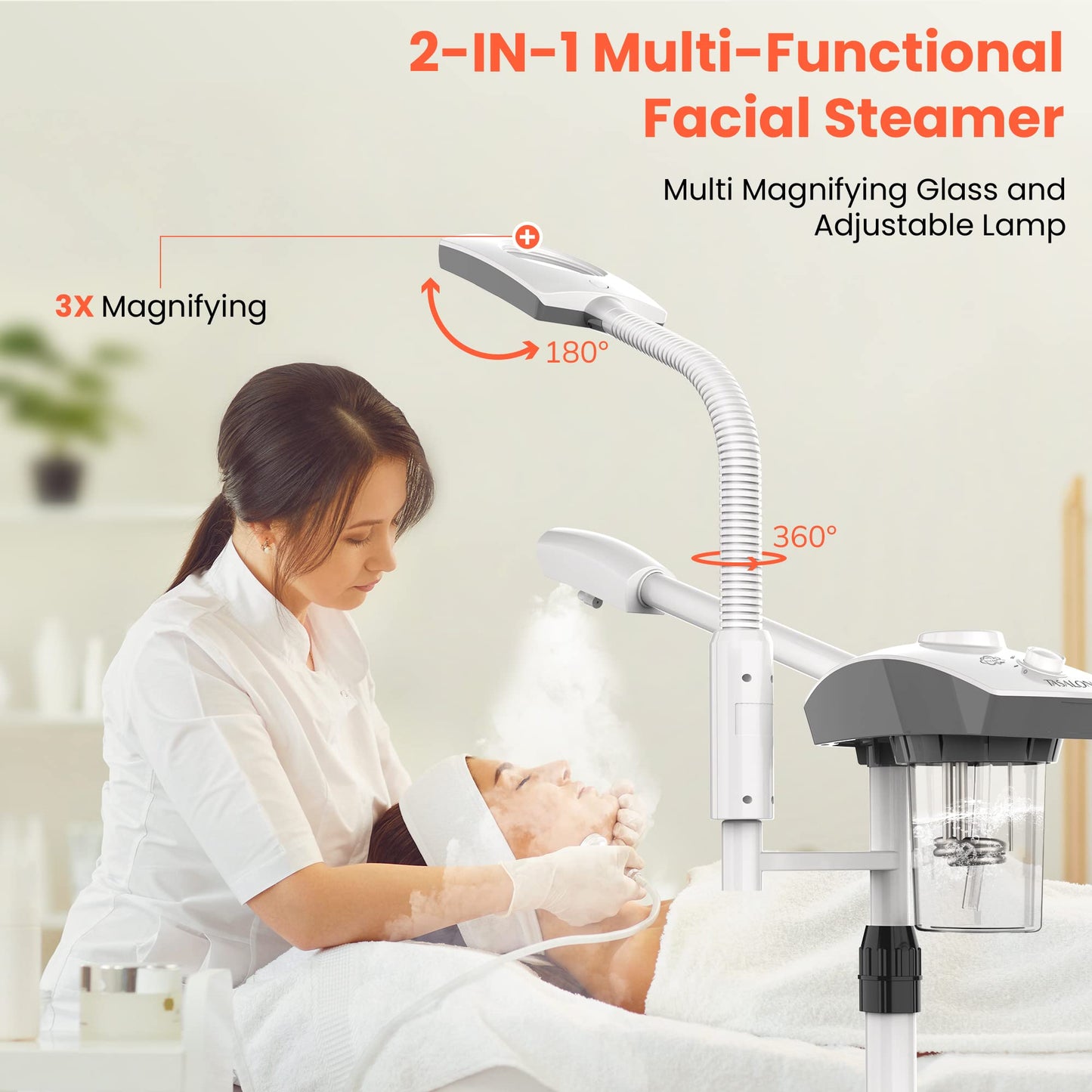 TASALON Professional Facial Steamer Tools for Esthetician, Skin Care and Deep Cleaning, 2 in 1 Face Machine with 3X Magnifying Foldable Arm, Ozone Face Steamer for Facial, Hot Mist Skincare, White