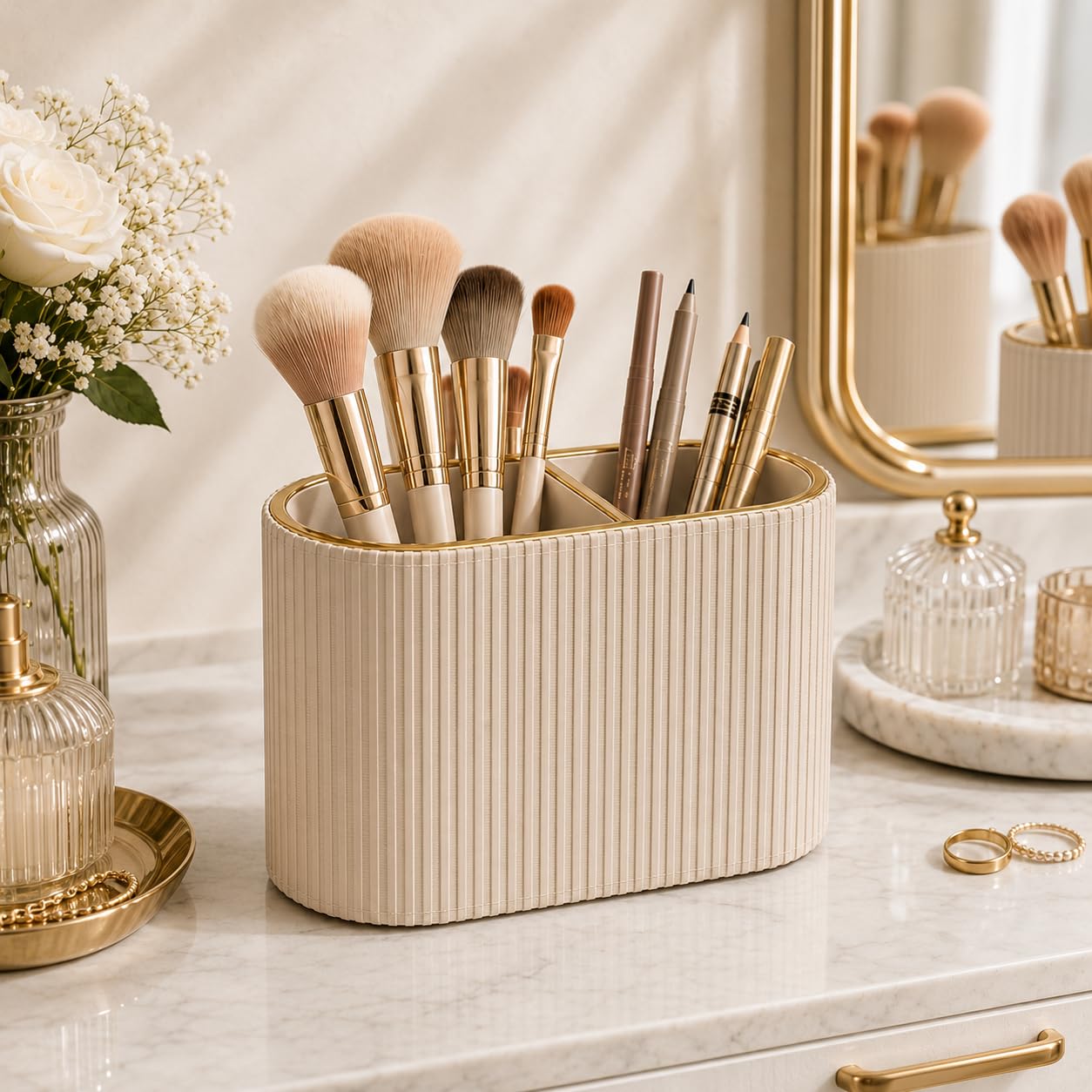 GORESE Makeup Brush Holder Organizer with 2 Slots, PU Leather Small Make Up Organizer for Vanity Countertop, Makeup Brush Cup for Bathroom & Dresser Counter, Gift for Women(Beige)