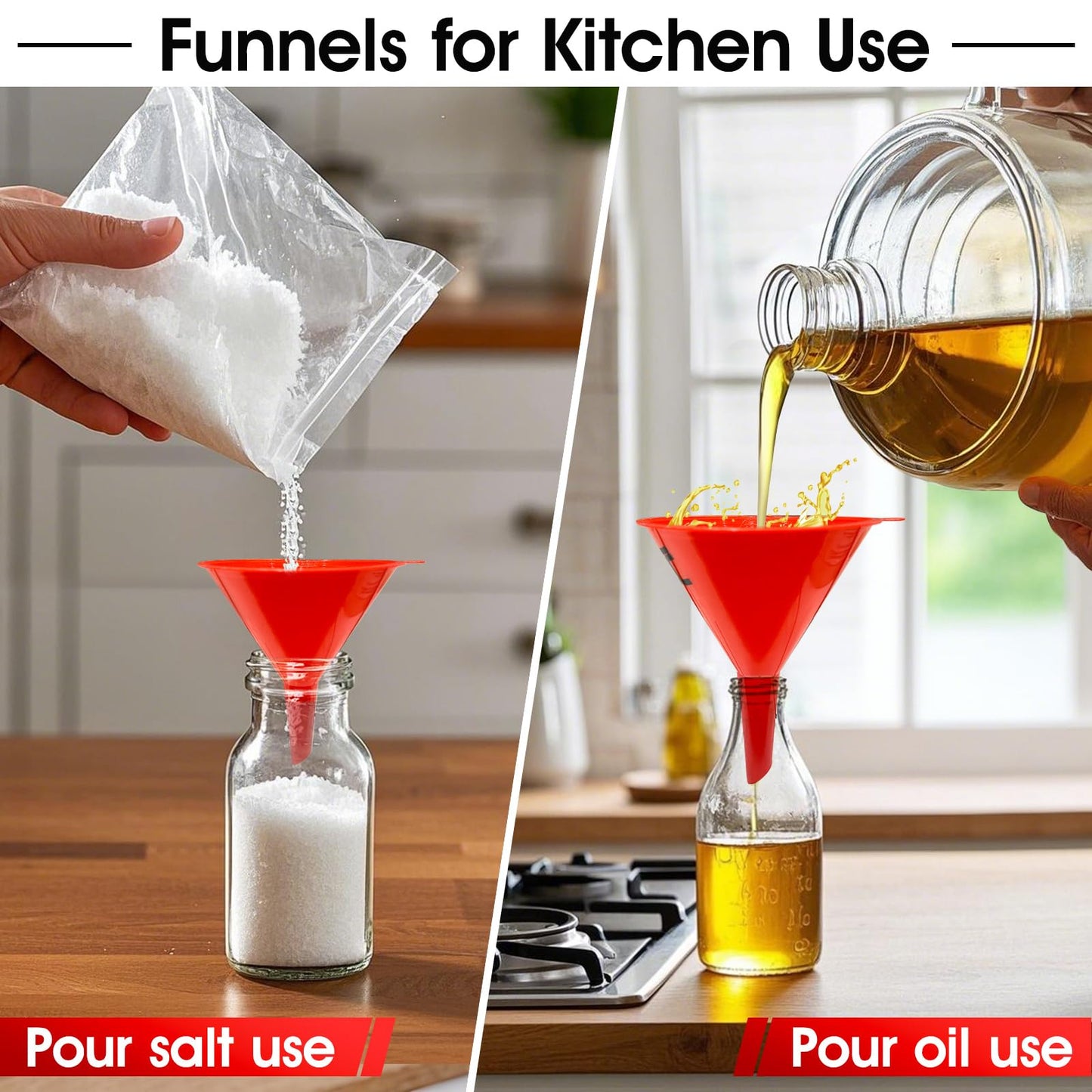 DEDC Oil Funnels, Gas Funnels, Plastic Funnel Set for Car, Automotive, Kitchen, Mini Small Large Red (4pcs Gas Plastic Funnel)