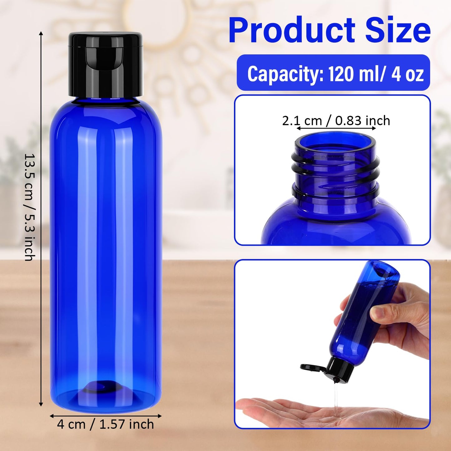 Mimorou 50 Pcs Plastic Squeeze Bottle with Cap Empty Amber Refillable Container Small Travel Toiletry Bottle for Lotion Shampoo Oil Body Soap Creams (Flip-top Lid,4oz,Blue/black)