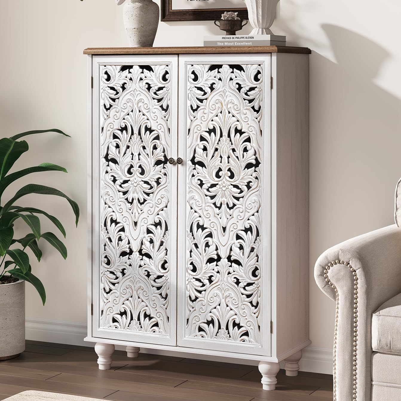 JOINICE 47" Tall Accent Cabinet with Carved Doors & Storage for Living Room,White Cabinet with Solid Wood Legs & 100lbs Capacity, Farmhouse/Rustic/Boho Style for Dining Room, Bedroom, Hallway, Study