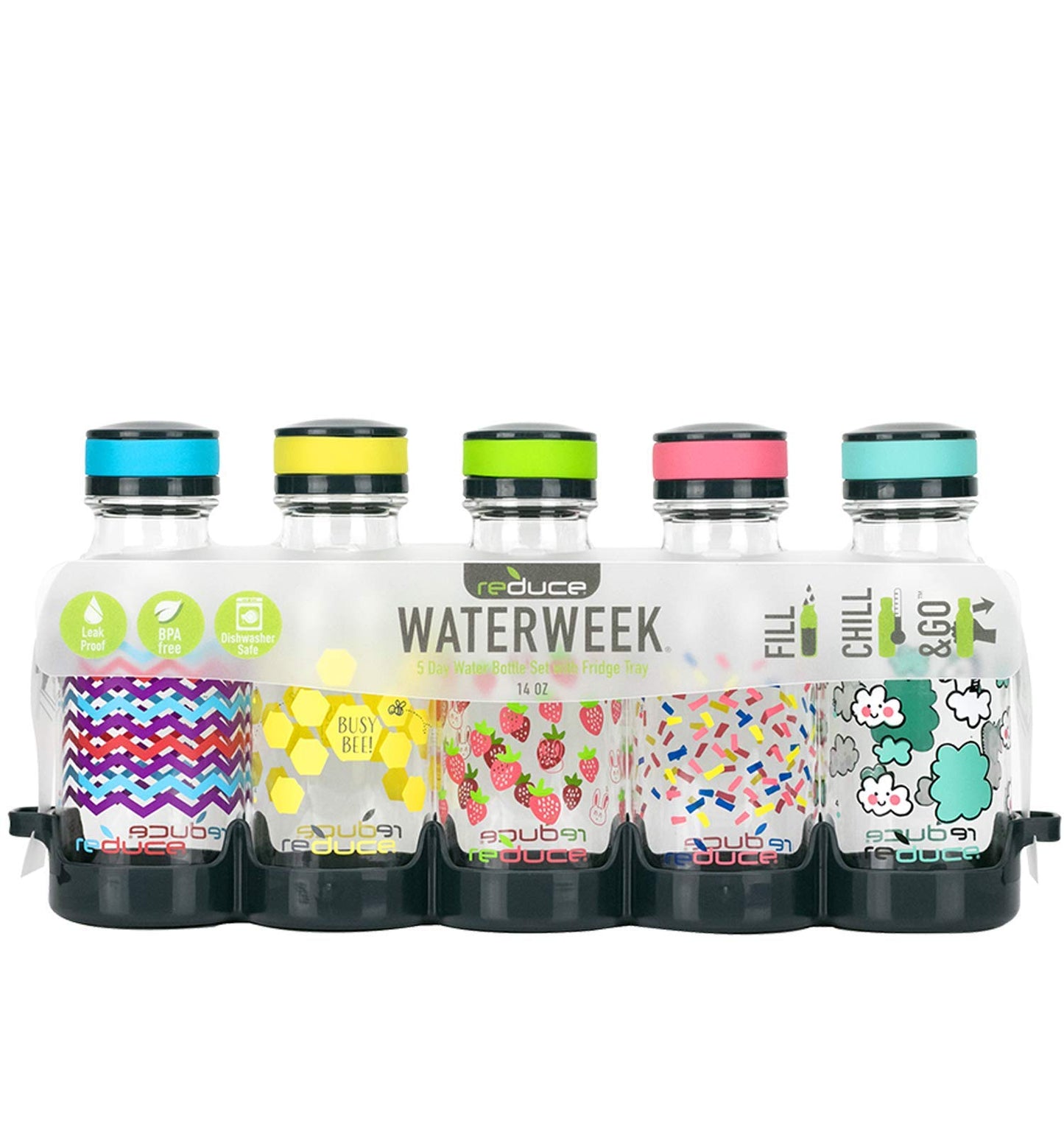 REDUCE WaterWeek Refillable Water Bottles, 14 oz - Includes 5 WaterWeek Leak Proof Tritan Reusable Water Bottles - Includes Fridge Tray - Berry Fun