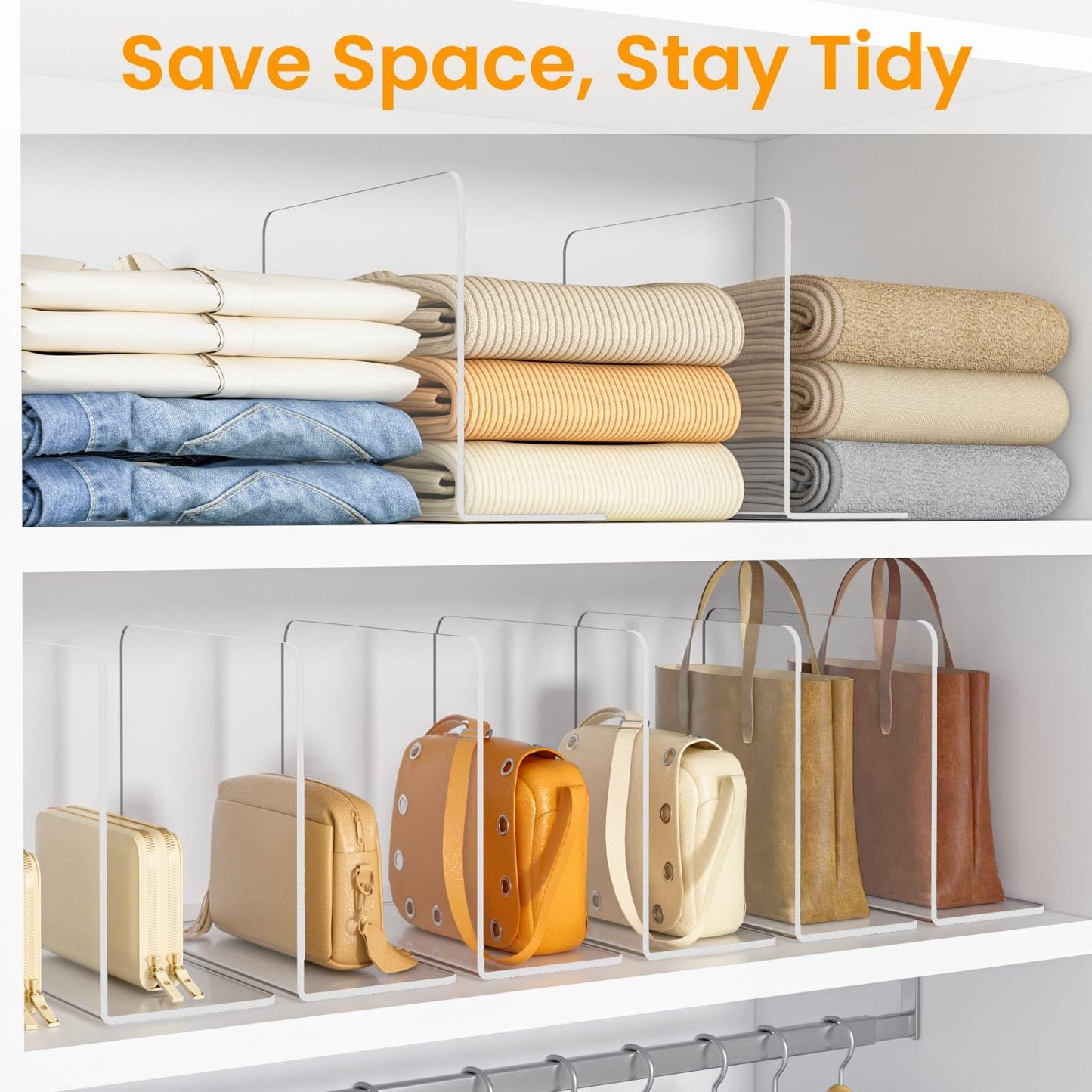 Hotbird Shelf Dividers for Closet Organization – Acrylic Clear Sturdy Dividers to Keep Clothes, Sweaters & Purses Upright, Free-Standing for Wood Shelves, 10" Tall x 12" Deep, 8 Pack