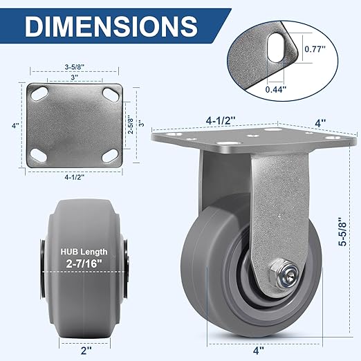 4 Inch Rubber Wheels (Flat Tread)- Heavy Duty Casters, Industrial Caster Wheels- with up to 700 LB Capacity- Use for Dollies, Utility and Maintenance Carts(12 Rigid)