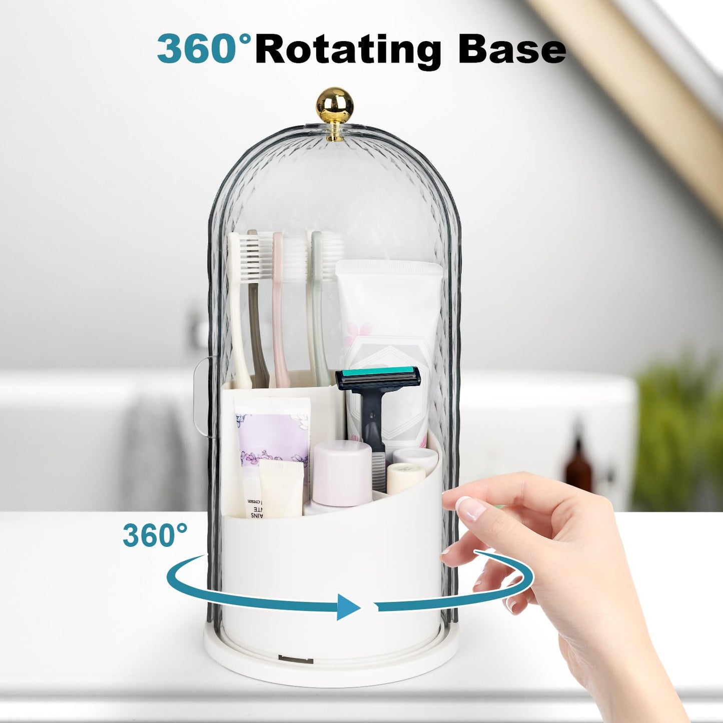 QIYVLOS Toothbrush Holders with Sliding Lid, Rotating 3 Slots Bathroom Organizer Countertop, Tooth Brush Toothpaste Holder Bathroom Counter Stand Caddy for Vanity Makeup Brushes Holder (White)