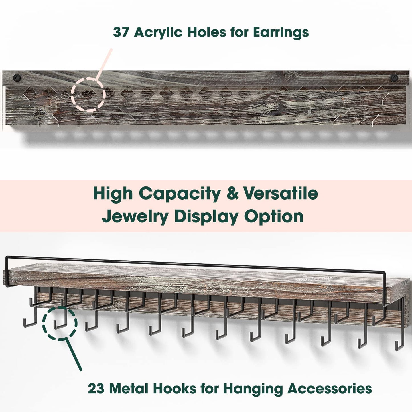 J JACKCUBE DESIGN Wall Mount Necklace Holder Jewelry Hanger with 23 Hook Necklace & Bracelet Racks, Rustic Farmhouse Wood Earring Display with Clear Acrylic - MK585A