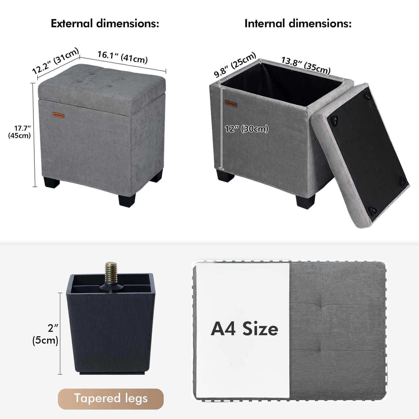 ABHENG Chenille Metal Framed Storage Ottoman,12.2" D x 16.1" W x 17.7" H Tufted Upholstered Ottoman with Storage,Foot Rest Stool with Legs,Holds 770 LB for Dorm Living Room Bedroom Gray UASND70G