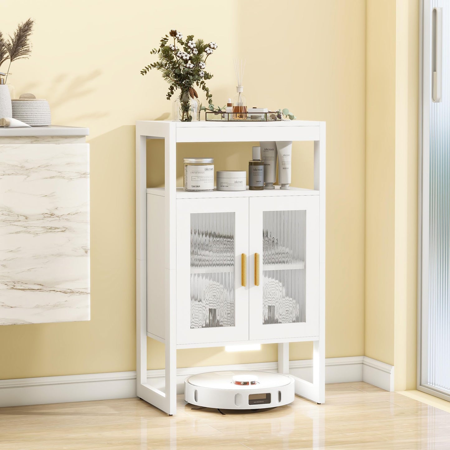 Bathroom Storage Cabinet with Motion Sensor Light and 2 Doors, White