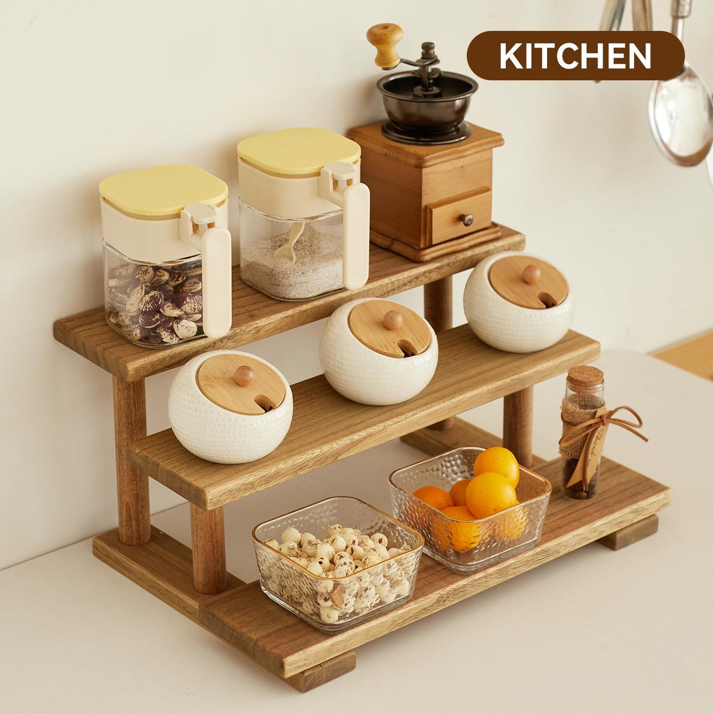 KIRIGEN 3-Tier Display Risers, Paulownia Wood Stand with Beech Wood Supports, Multifunctional Rack, Step Shelf Organizer for Kitchen, Vanity, Entryway for Spices, Cosmetics, Figurines, Cake ZST-DBR