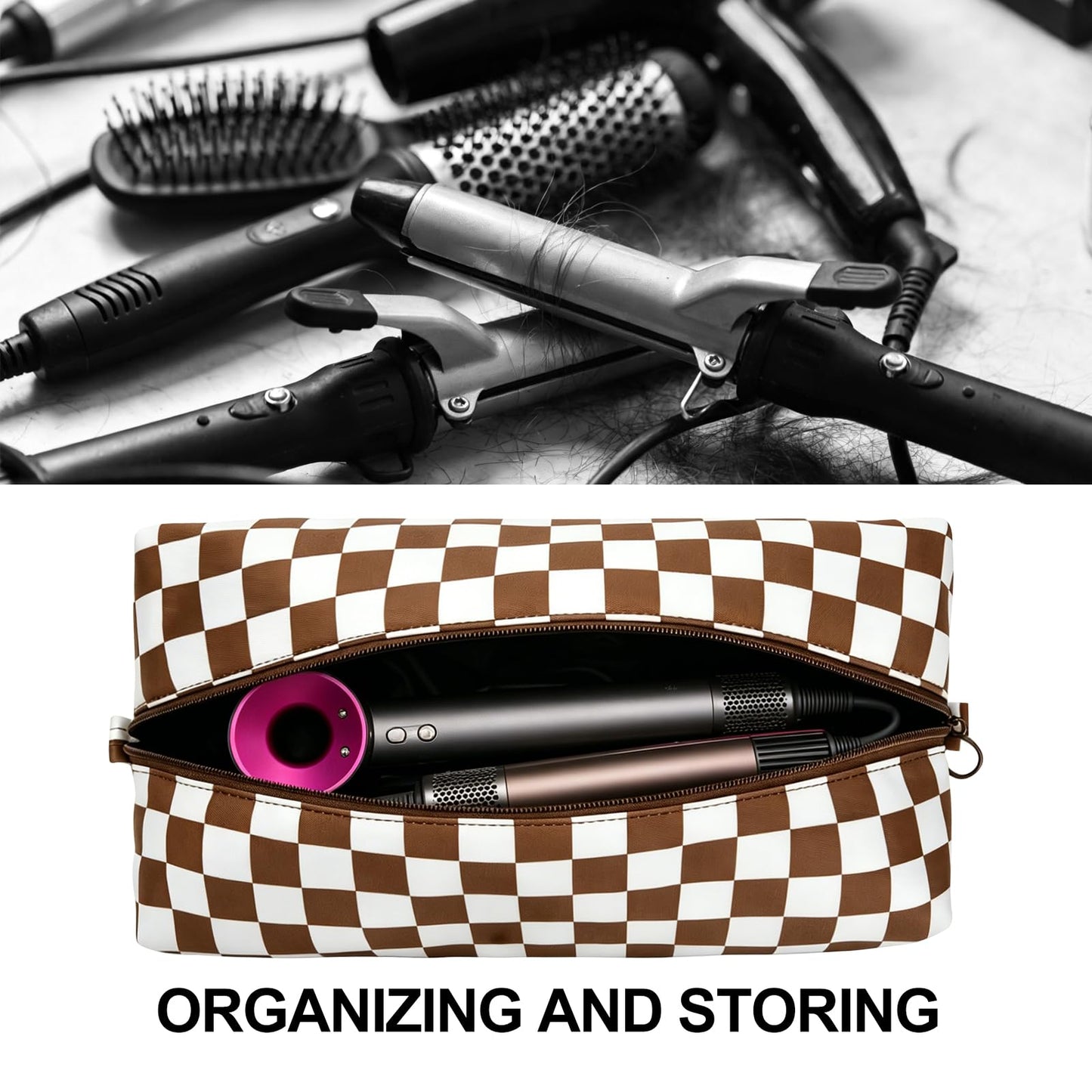 idoltimes Hair Tools Travel Bag, Checkered Hair Tools Organizer Compatible with Dyson Airwrap Styler