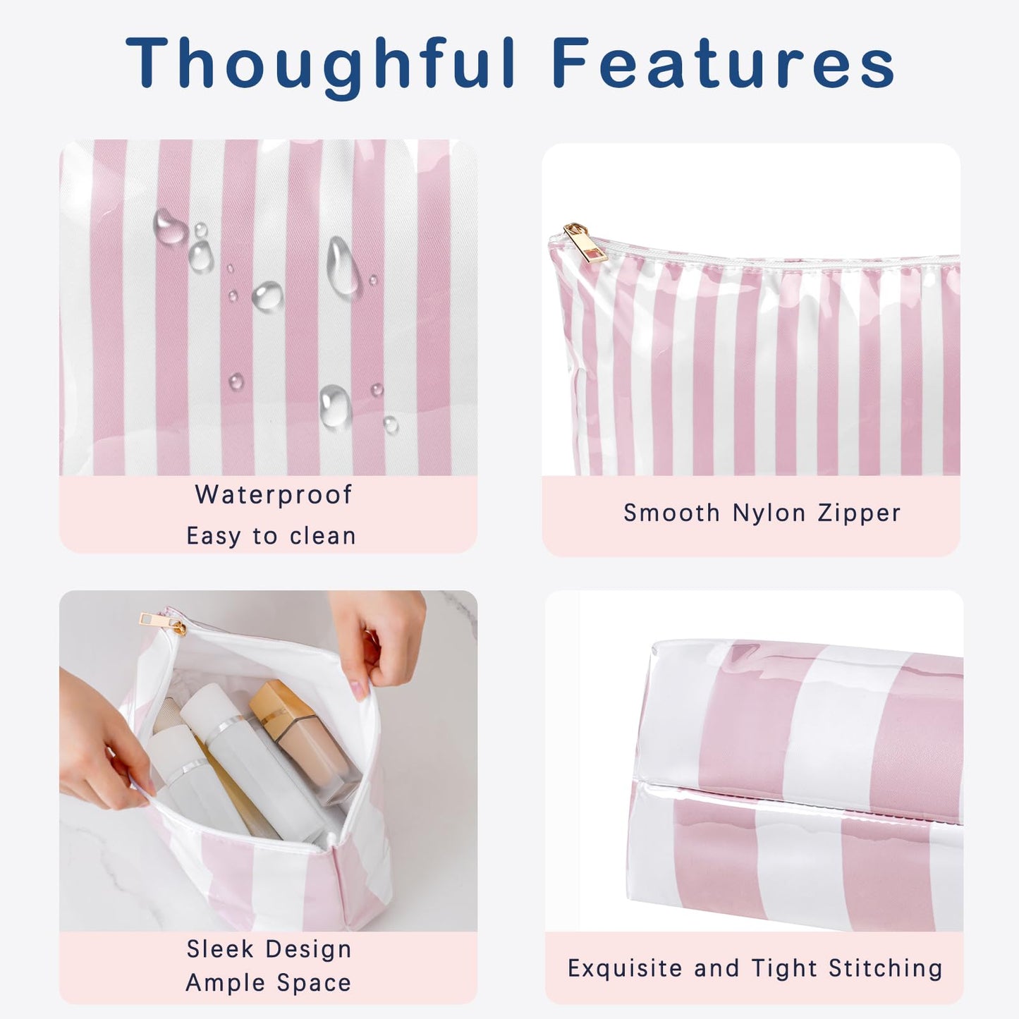 Lestikave Large PVC Waterproof Striped Makeup Bag,Clear Coated Cosmetic Bags,Easy to Clean,Travel Organizer Zipper Pouch Beach Vacation Essentials for Women Girls(04Pink Stripe)
