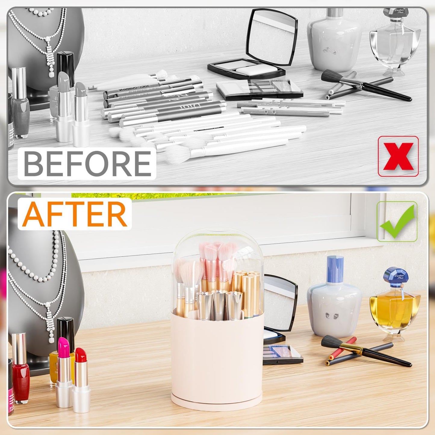 Yieach Rotating Acrylic Makeup Brush Holder with Lid for Vanity,Bathroom,Countertop,Covered Makeup Brushes Organizer,Round Spinning Cosmetic Brushes Holder and Make up Brush Storage with Cover,Pink