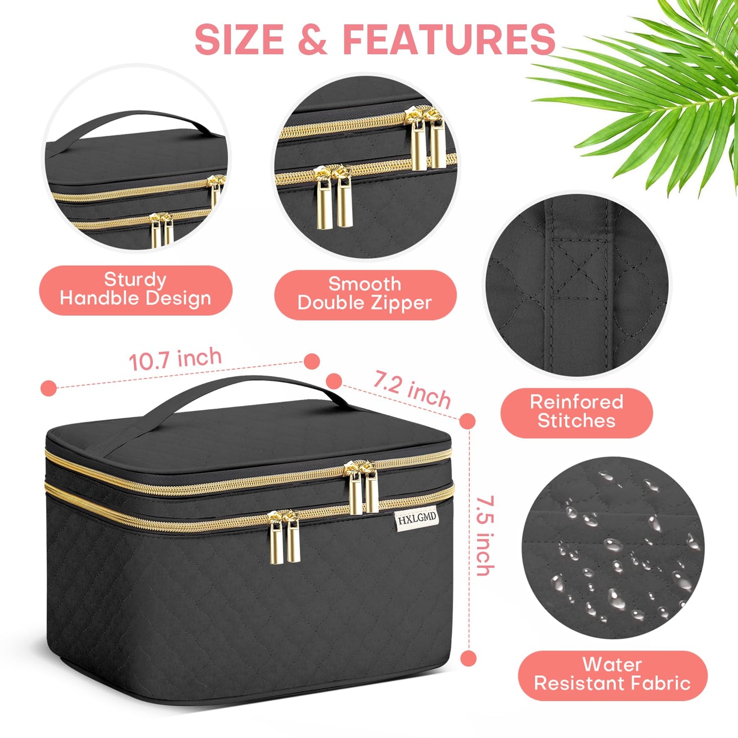 HXLGMD Large Makeup Bag with Mirror Double Layer Travel Make Up Organizer Case, Large Capacity Coemetic Bag with Brush Slot Divider