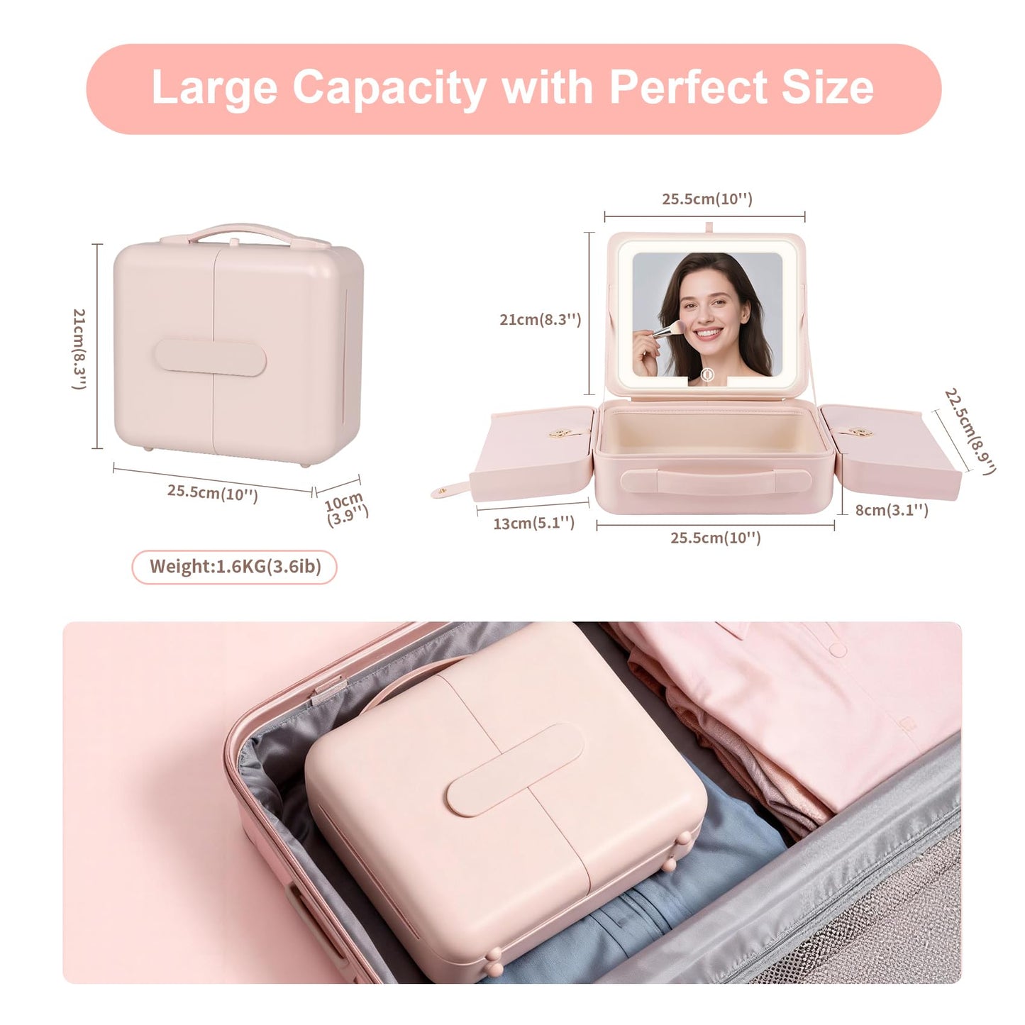 BEAUTY CASE Makeup Case with LED Light & Magnetic Mirror, 12 Inch Portable Travel Cosmetic Organizer Bag with 3 Partitions, Rechargeable, Large Capacity, Bright Lighting, Gift for Women Girls, Pink