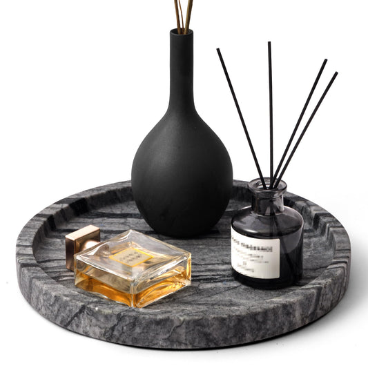 WORHE Natural Marble Vanity Tray for Bathroom Bedroom Kitchen Dresser, Round Decorative Trays for Jewelry, Perfume, Cosmetic, Candle, Countertop Storage Organizer for Home Decor Gray Black (WH017)