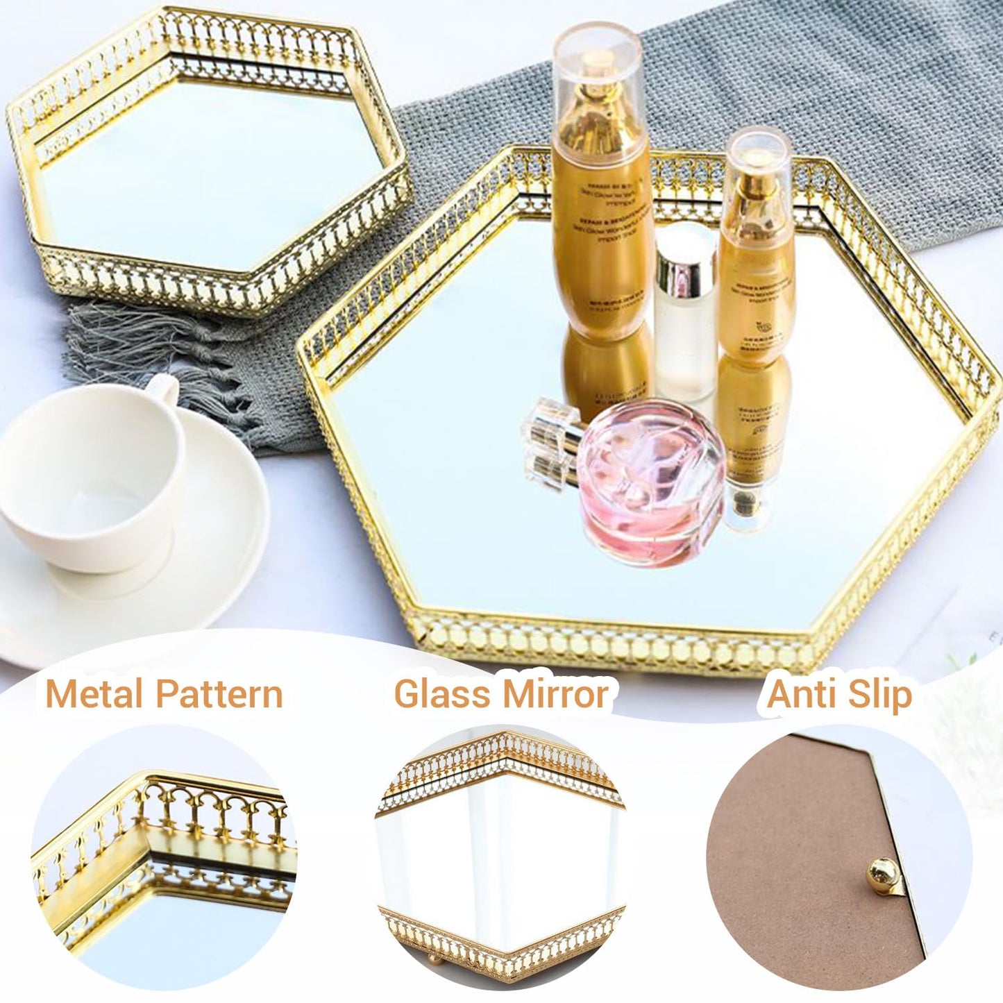 Perfume Organizer, Gold Mirror Perfume Tray, Decorative Metal Vanity Tray with Heart Cutouts, Jewelry Makeup Cosmetic Display Tray for Bathroom Dresser Bedroom Living Room (S, Hexagonal)