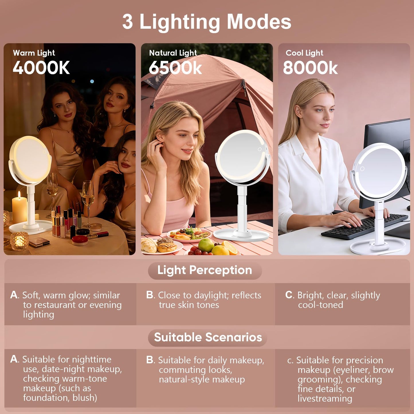 GONOBLE Lighted Makeup Mirror with 10X Magnification, Rechargeable LED Magnifying Vanity Mirror with 3 Lights, Adjustable Height, Storage Base and Phone Holder, White, 7 inch