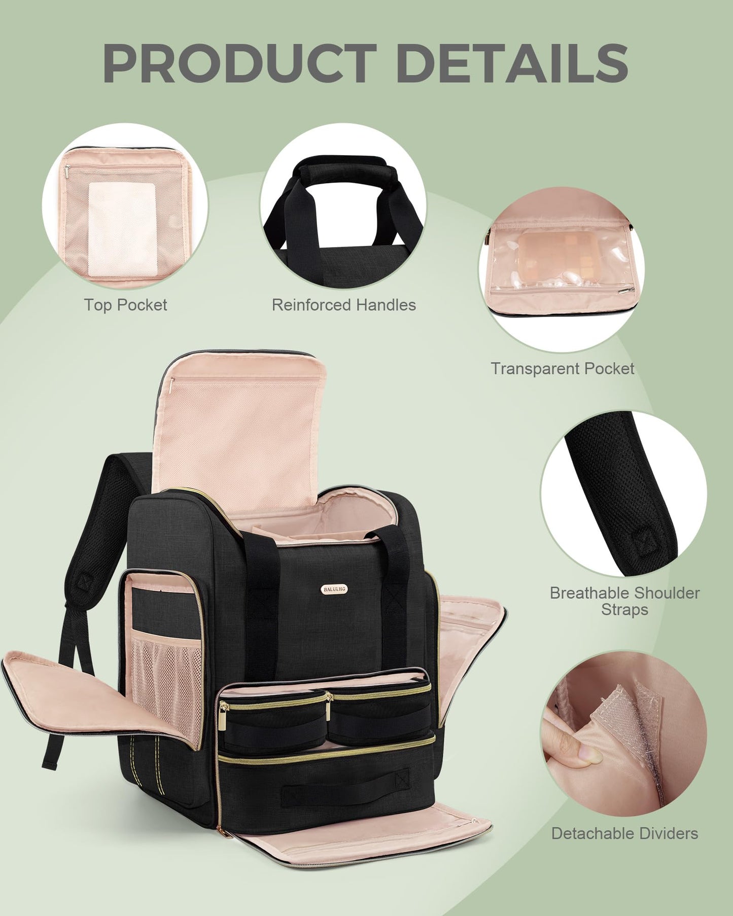 BALULHG Large Portable Travel Makeup Bag with 3 Removable Transparent Case, Dual-Shoulder Multi-Functional Cosmetic Bag,Double Layer Big Capacity Makeup Bag Backpack, Patent Pending