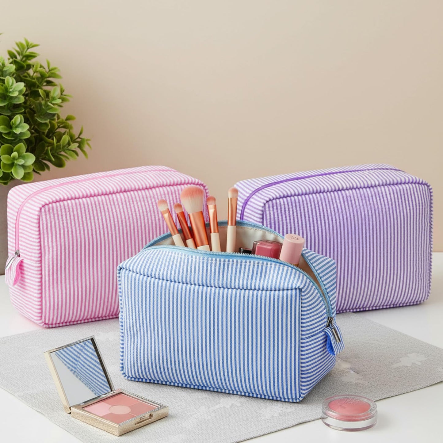 Sanwuta 3 Pcs Seersucker Makeup Bags Seersucker Cosmetic Bags Striped Women Large Travel Toiletry Organizer Preppy Storage Pouch for Embroidery Wedding Bridesmaid Gifts(Pink, Light Blue, Purple)