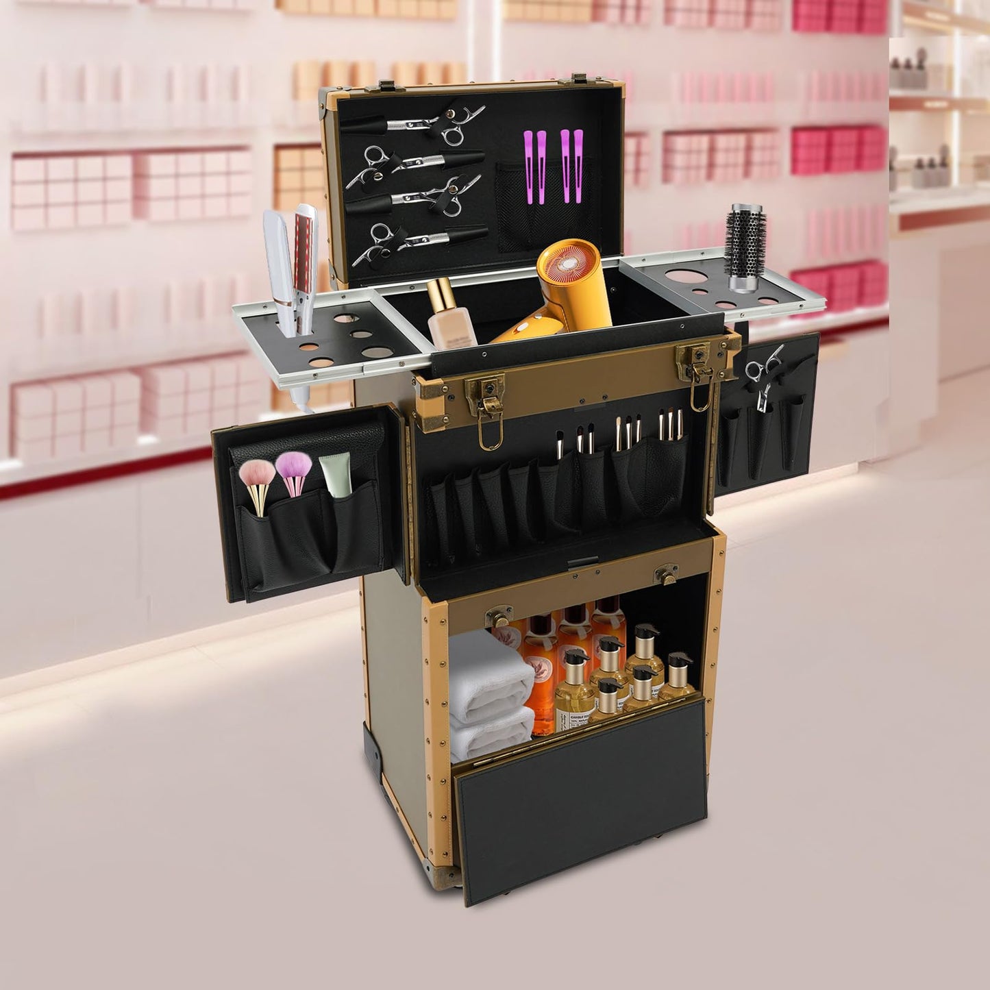 Rolling Makeup Train Case, 15" x 10" x 32" Lockable Hairdressing Trolley Makeup Case Organizer Professional Cosmetic Travel Case with Wheels, for Hairstylist Artist Salon (Gold, with 2 Lock)