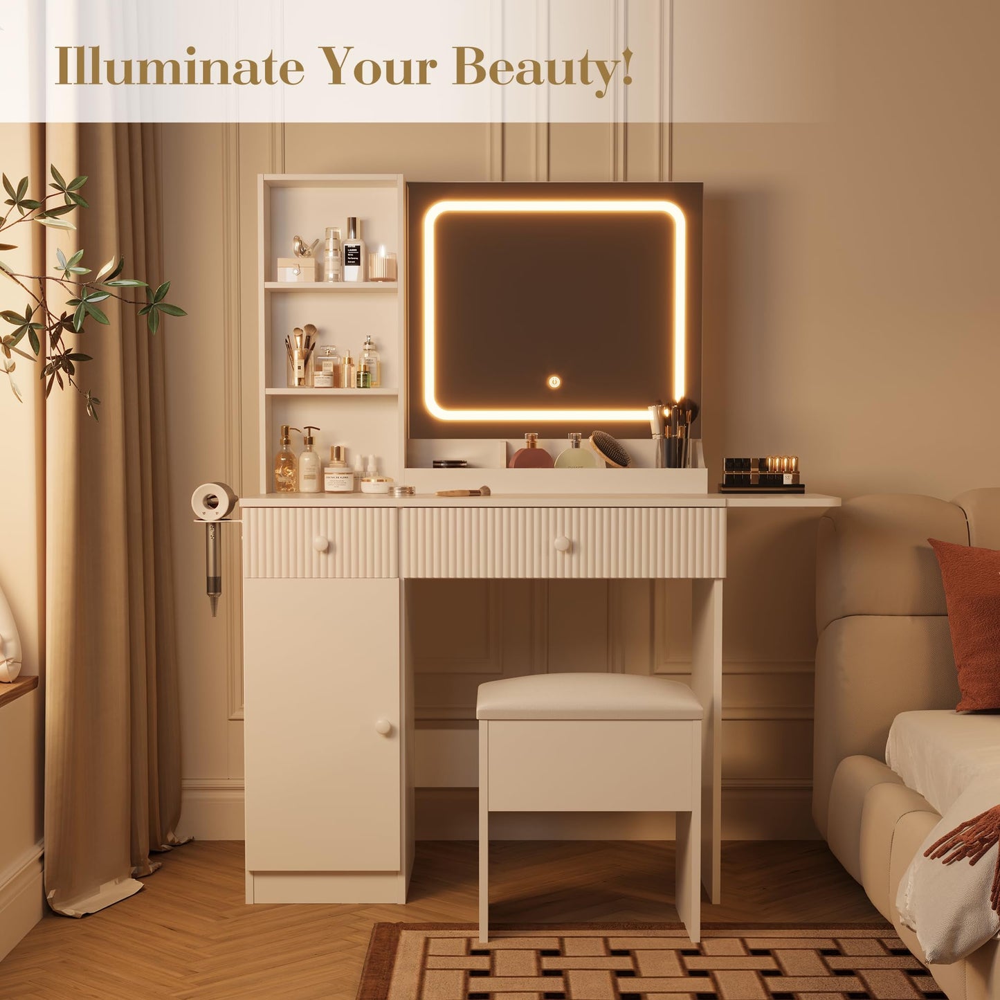 Vanity Desk with Mirror and Lights, Makeup Desk with 3 Lighting Modes, Power Outlet, Drawers & Storage Shelves, Storage Stool, Vanity for Bedroom, White