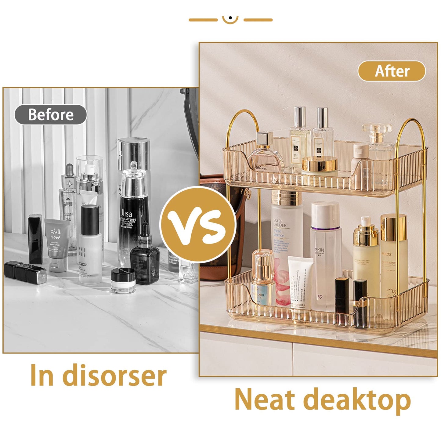 shuang qing Bathroom Counter Organizer Countertop Storage, Cosmetics Skincare Shelf, Makeup Organizer Perfume for Dresser Vanity Tray, Spice Rack for Kitchen(2 Tier-Gold)