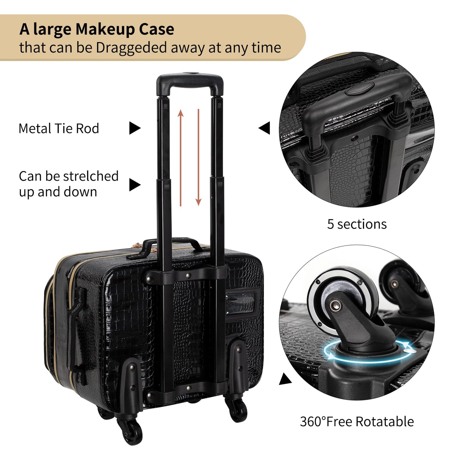 OCHEAL Rolling Makeup Train Case, 18" Carry On Travel Cosmetic Organizer Suitcase,Extra Large Trolley Makeup Storage Case On Wheels,3 Layers with 3pcs Traveling Bags for Hairstylist Cosmetology Artist