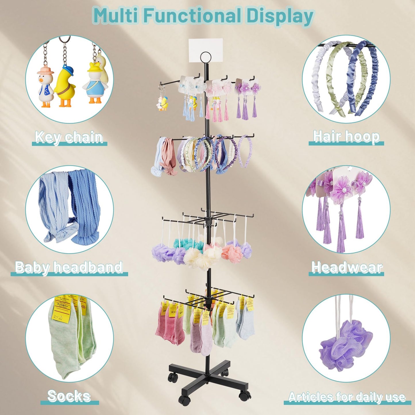 Flenpptly Retail Display Stand Rotating Display Stand 4 Tier Spinning Display Stand for Craft Shows, Jewelry, Keychain, Earring Adjustable Height Retail Display Racks (Black)