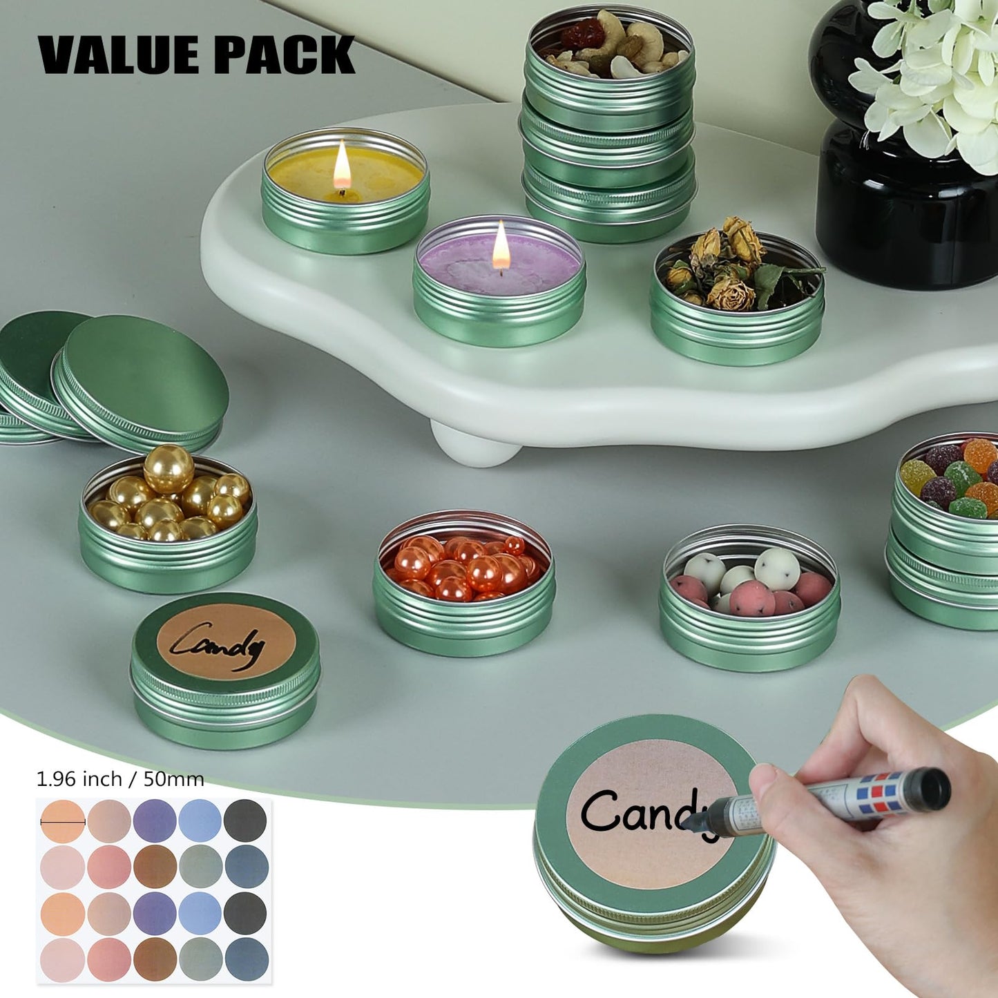 LIYAR Candle Container Aluminum Tin Jars 14 Pack Candle Tins Salve Tins Versatile Small Containers with Lids Metal Tin for Balms,Spices,Salve,Crafts(Pale Green)