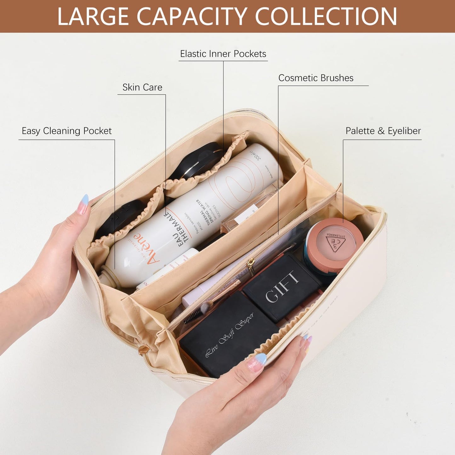 Live Saft Super Large Makeup Organizer Travel Toiletry Bag,Water-resistant PU Makeup Cosmetic Bag for Women Toiletries Travel Bag With Compartments & Handle & Divider