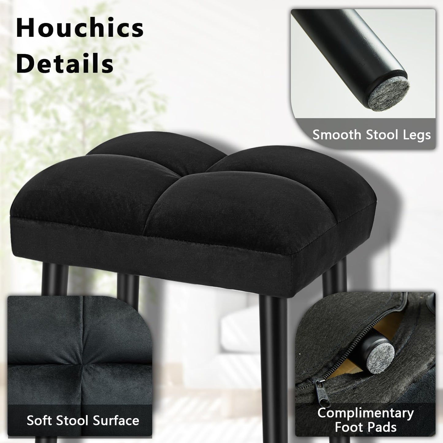 HOUCHICS Black Ottoman Stool, Square Makeup Stool with Wooden Legs, Small Ottoman Stools Chair for Vanity, Modern Padded Sofa Seat Foot Rest Stools(Black)