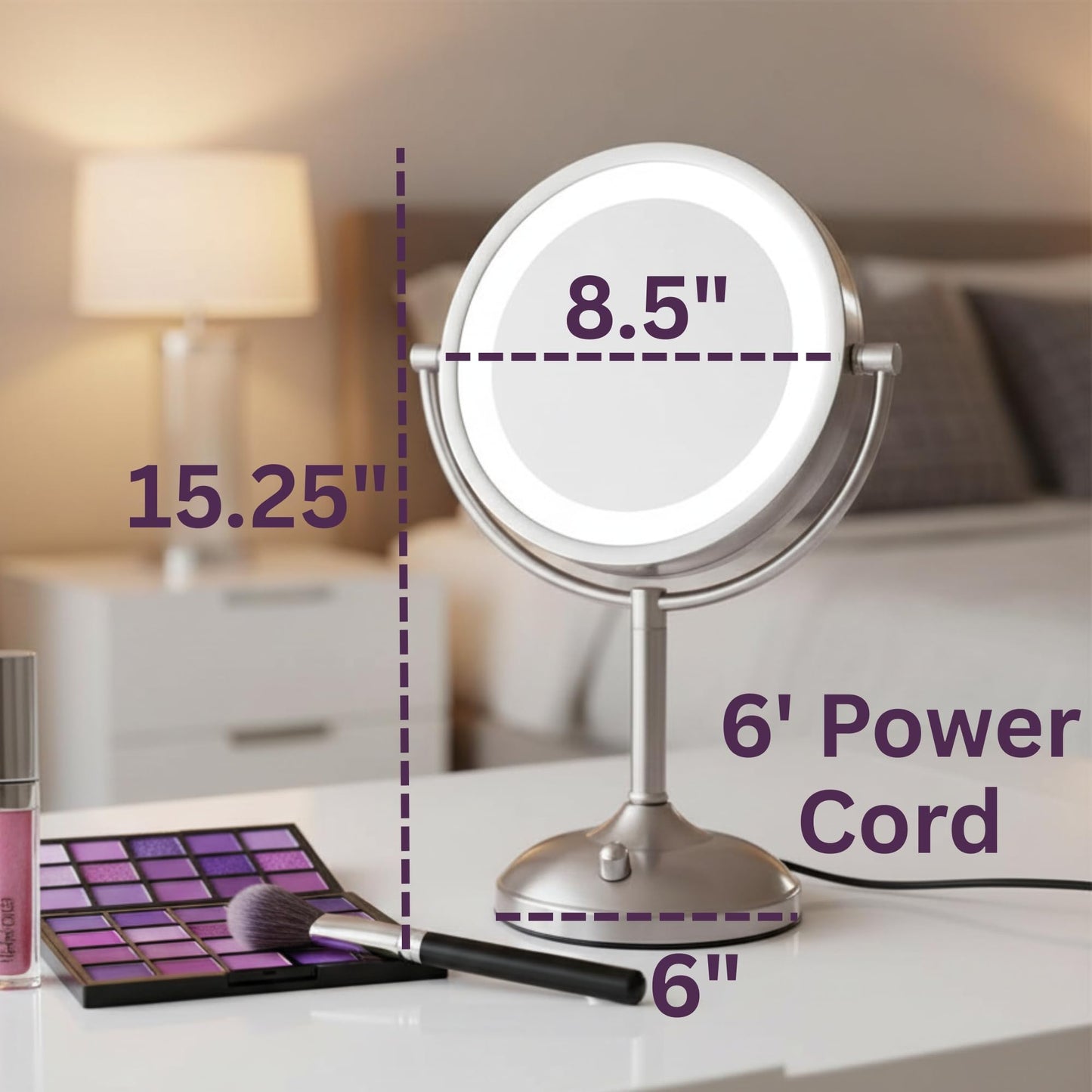 JERDON Lighted Tabletop Mirror with 10X/1X Magnification - LED Lighted Makeup Mirror with Multiple Light Settings in Nickel Finish - 8.5-Inch Diameter Vanity Mirror - Model JS8510BN