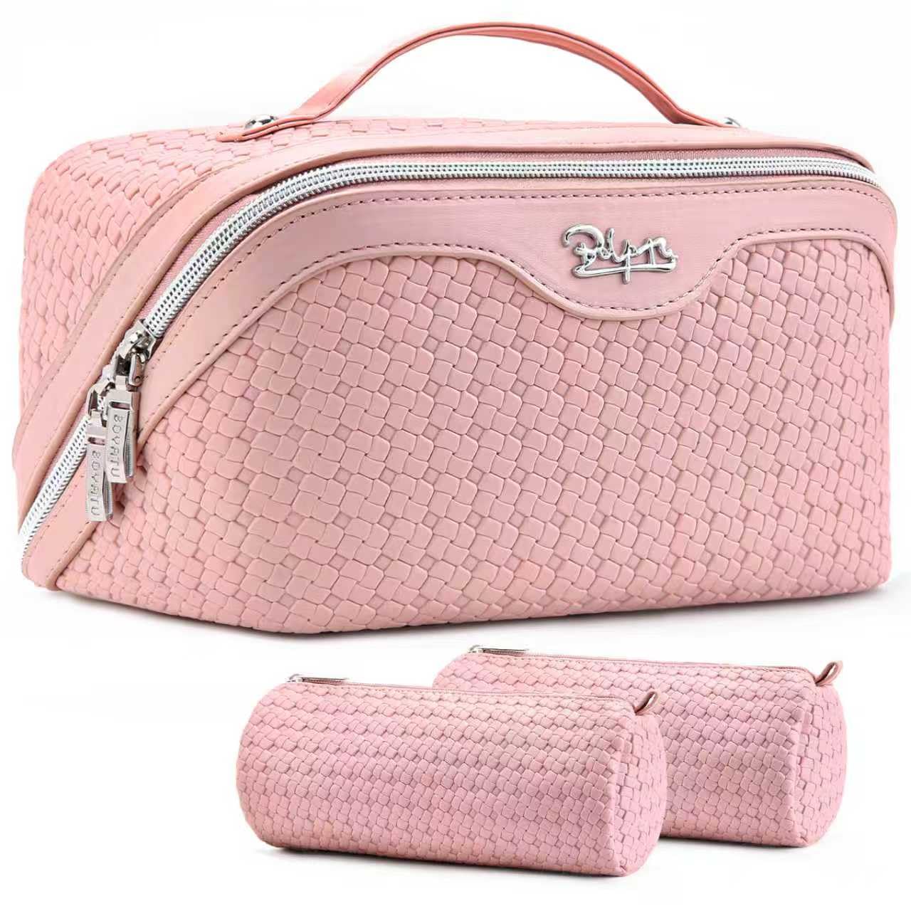 BOYATU Travel Makeup Bag Cosmetic Bags for Women: Large Capacity 3 Pcs Set Make up Bag with Compartments - Waterproof Vegan Leather Toiletry Organizer Bags with Handle (L39 Pink)