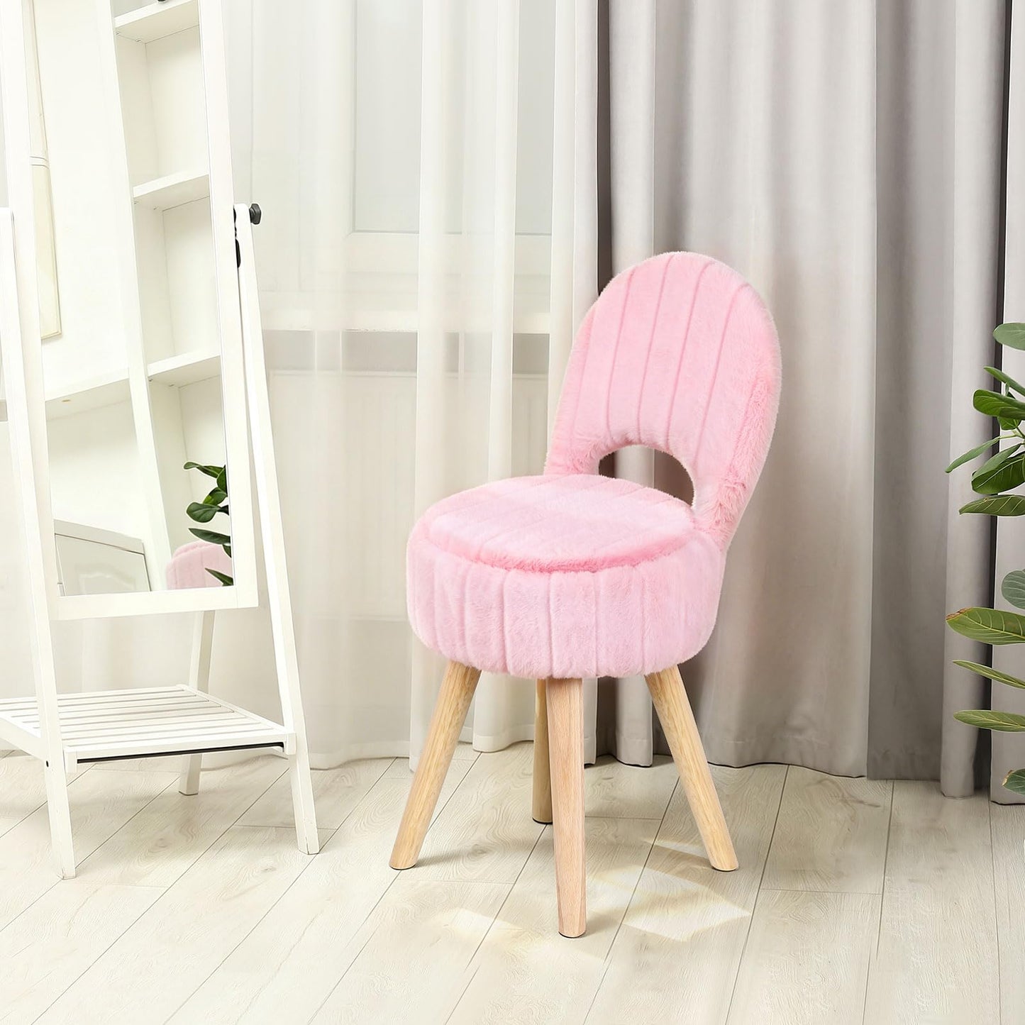 Small Vanity Stool Chair with Storage & Folding Back, Faux Rabbit Fur Soft Padded Seat Ottoman, 4 Solid Wood Legs Anti-Slip Feet, Stool for Vanity Desk for Makeuproom, Bedroom 12.9”x11.8”x27.9”（Pink）