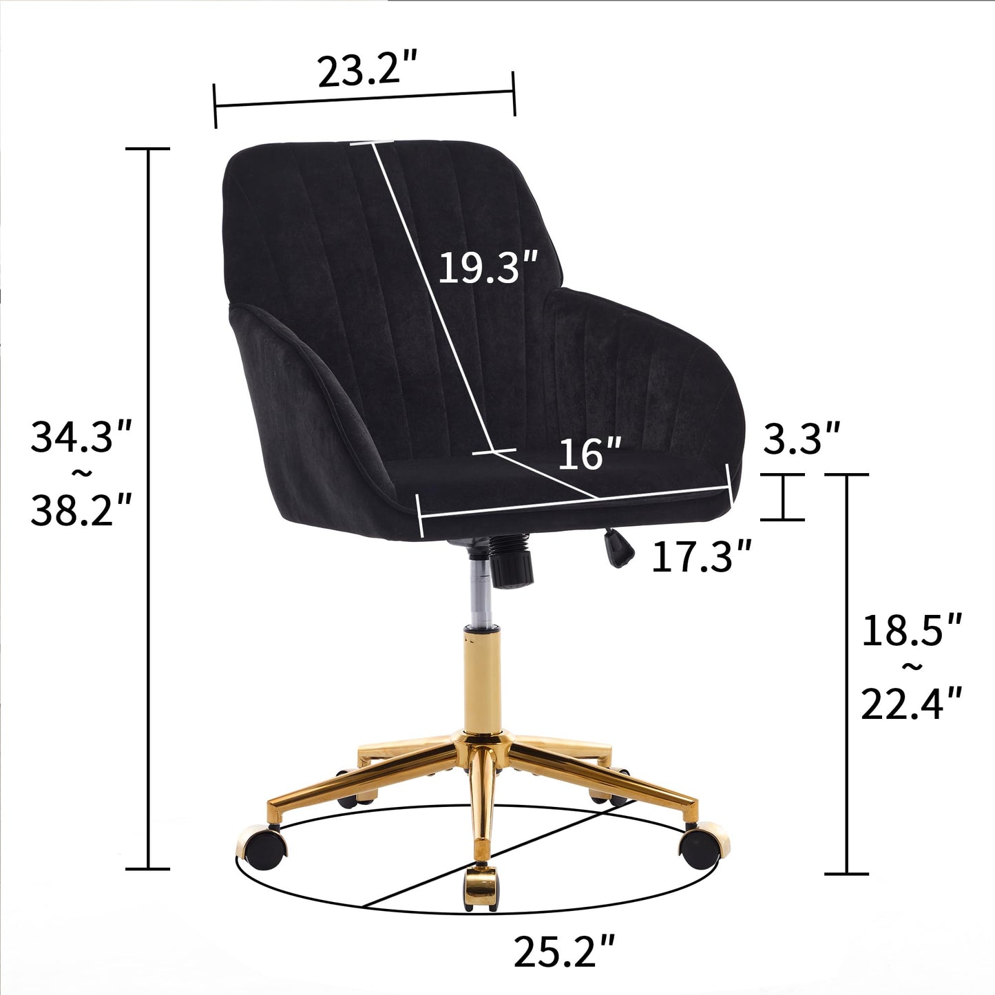 Klwenas Maec Black Velvet Desk Chair for Home Office, Modern Adjustable Computer Task Chair Swivel Chair Cute Vanity Chairs with Arm Rest for Bedroom Living Room Make-up Room (Black-Gold)