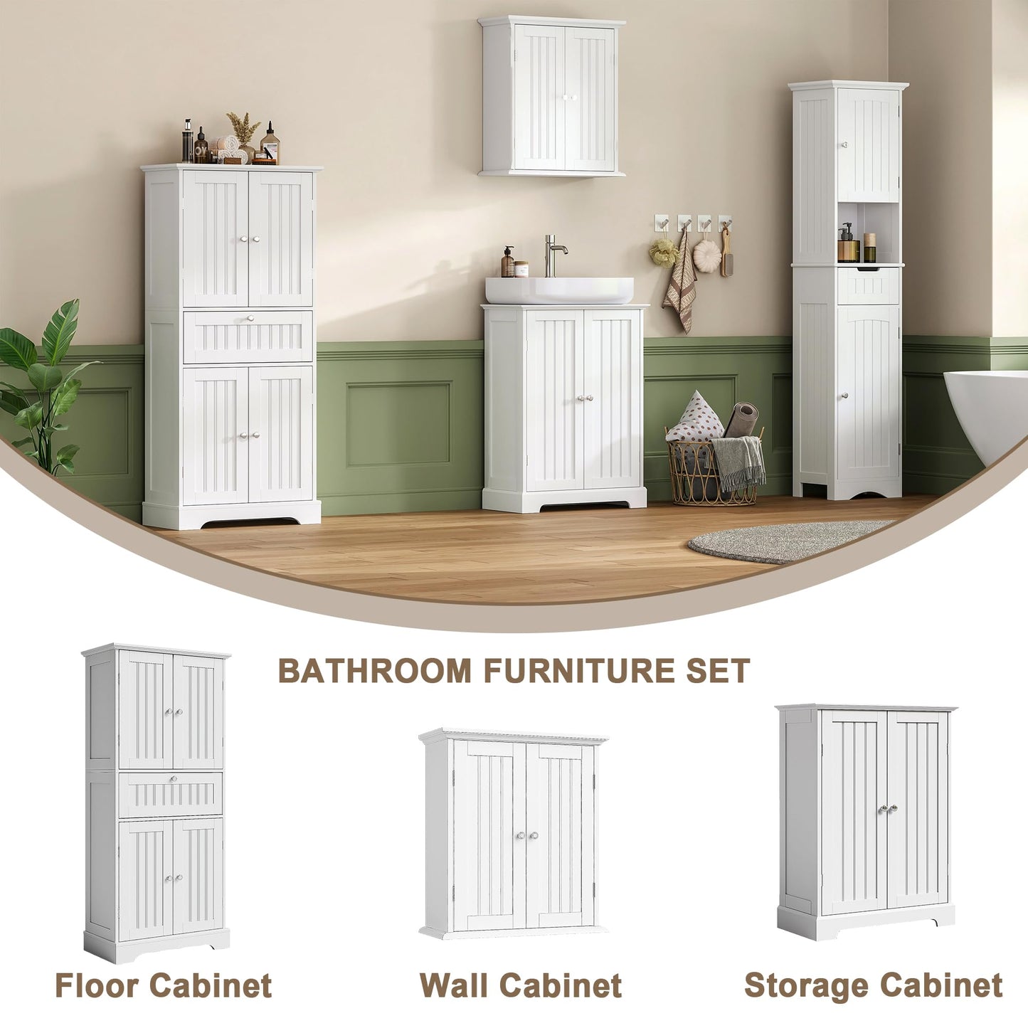 ChooChoo 51" H Tall Bathroom Floor Cabinet, Modern Bathroom Storage Cabinet with Drawer and Adjustable Shelves, Freestanding Kitchen Pantry Cupboard with 4 Doors for Living Room, White