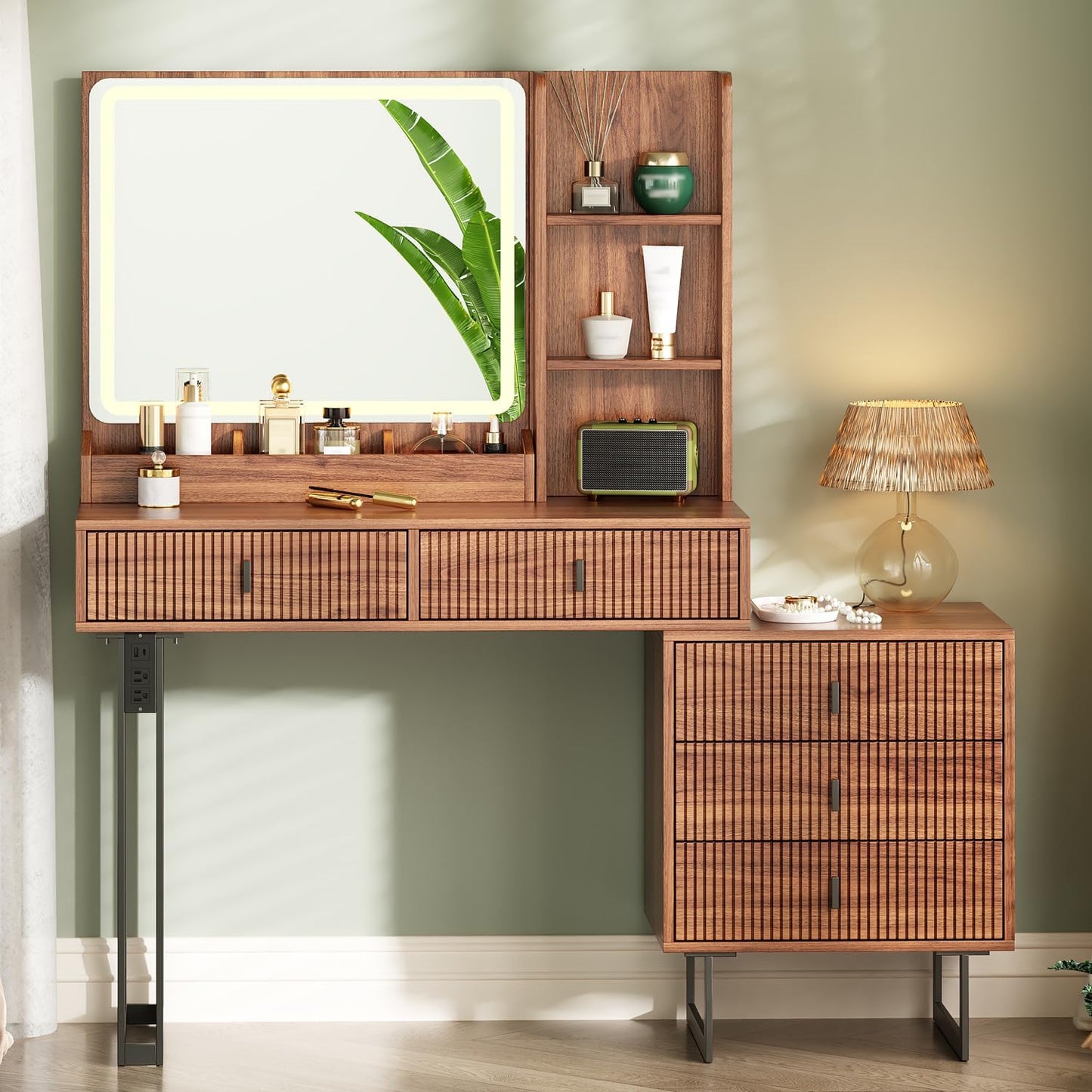 Large Vanity Desk with 3 Color Touch Screen Dimming Mirror, Vanity Desk with Charging Station, Modern Retractable Makeup Dressing Table, Makeup Table With storage shelves and 5 Sliding Drawers, Brown