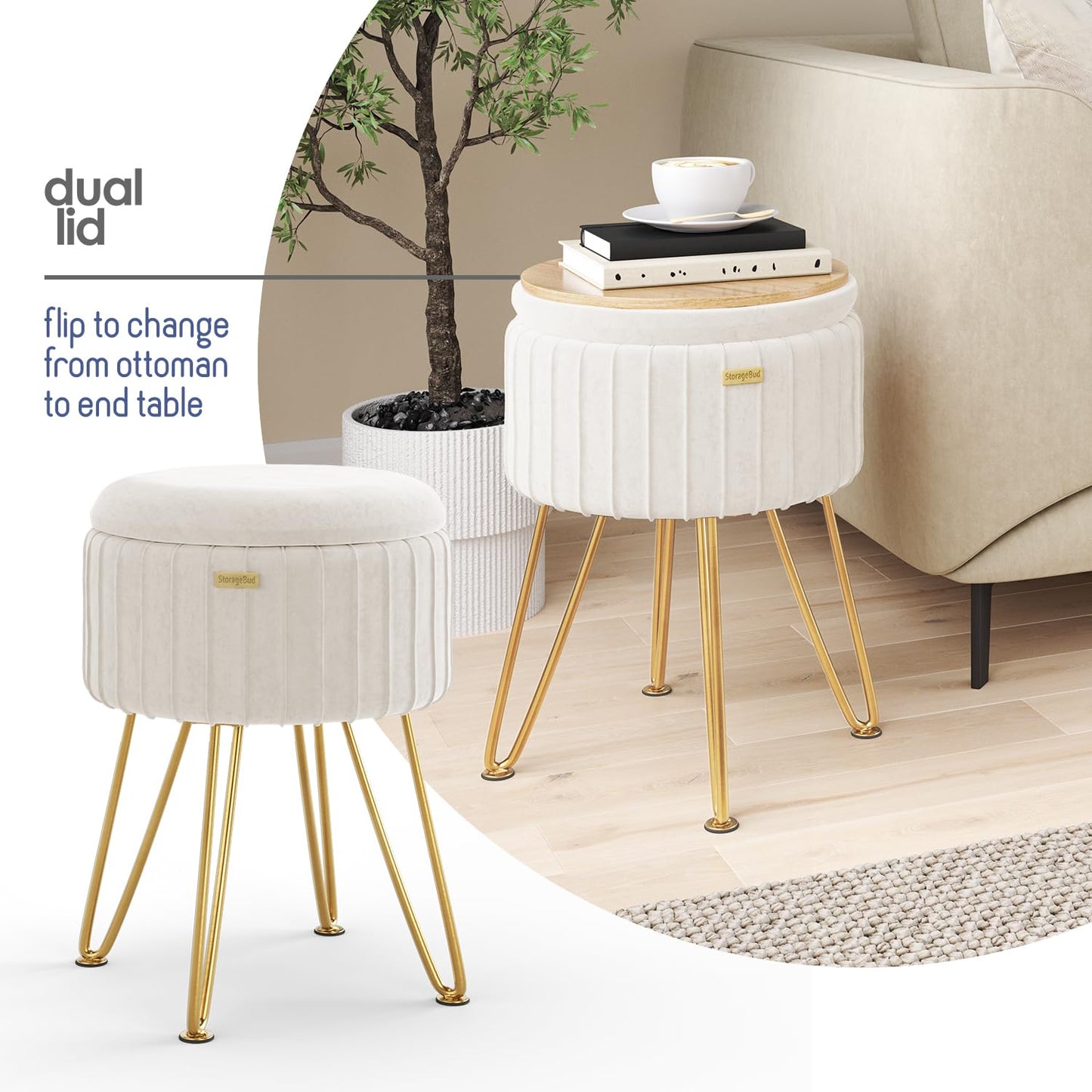 STORAGEBUD Round Ottoman with Storage, Pleated Velvet Storage Ottoman, Foot Stool Ottomans, Makeup Vanity Stool, Small Ottomans Foot Rest, Modern Vanity Stools for Living Room and Bedroom, Blue